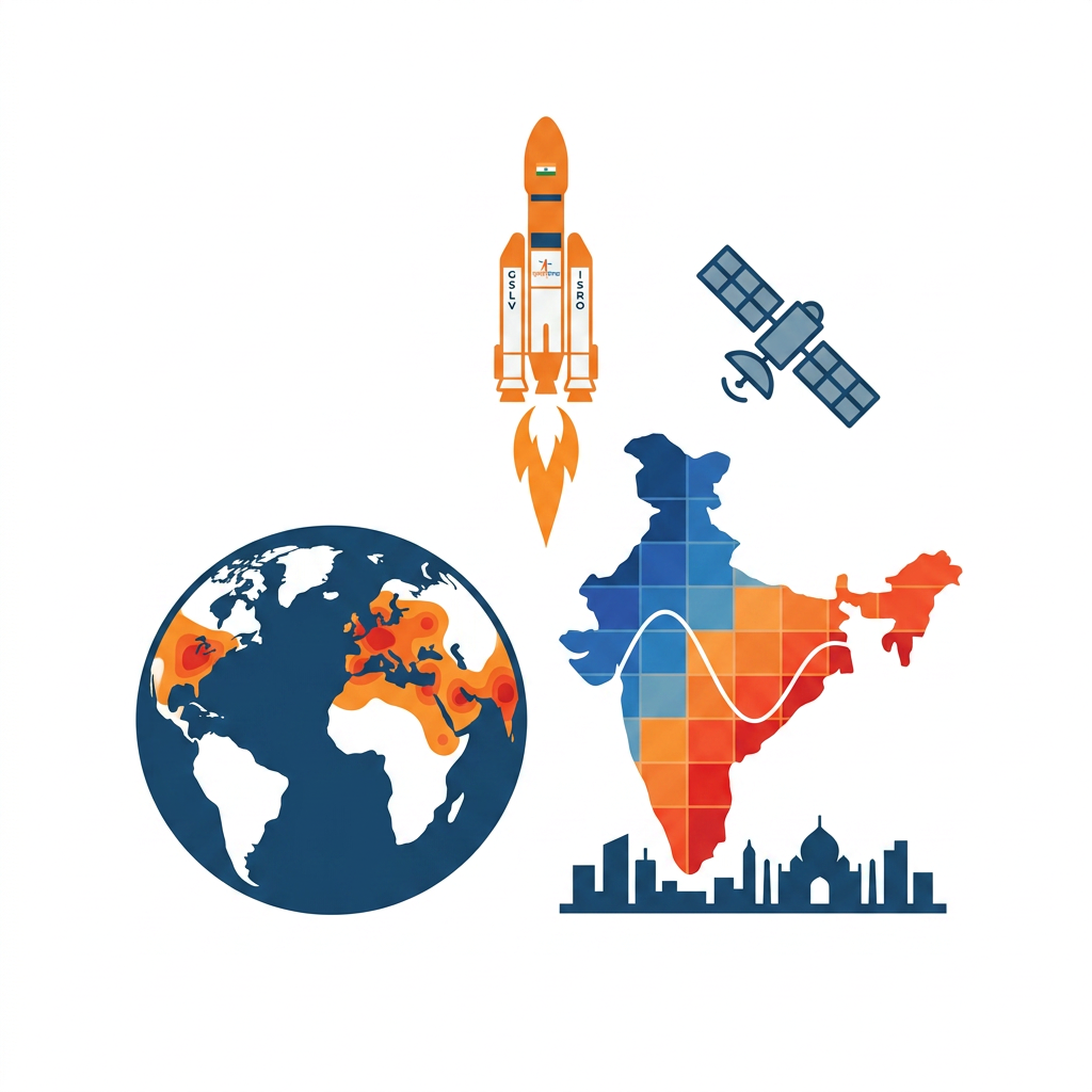 AI Design for i want logo for the isro hackathon where the title is Predicting and Mitigating Urban Heat Islands using Earth Observation Data, it must contain space related designs.
A square grid of small cells (4×4 or 5×5, like ward/pixel tiles), rendered in a gradient from deep blue (cool) through orange to red (hot), evoking the LST heatmap on your dashboard. Overlaid on the grid is a single thin white sine-wave / Kalman-filter-style oscillating line passing through the cells left to right, smoothing out as it crosses — representing the state estimate "correcting" noisy observations. The city skyline silhouette (minimal, 3–4 simple building shapes) sits along the bottom edge, dark navy against the gradient. Wordmark "ThermaAI" in a clean geometric sans-serif (e.g., similar to Inter or Poppins, medium weight) beneath, with "AI" in a contrasting accent color (orange or coral) to tie back to the heat theme.
example: i have attached an image for the team name TRI-Q-AI, it covers all the concepts with respect to title as well as space and the ai field
note: white background
dont keep the title and team name in the logo
no rings at all
there should between the rocket, world heat, change the shape of the heatmap into india map as well
i need neat and elegant because itmust look like logo not vfx