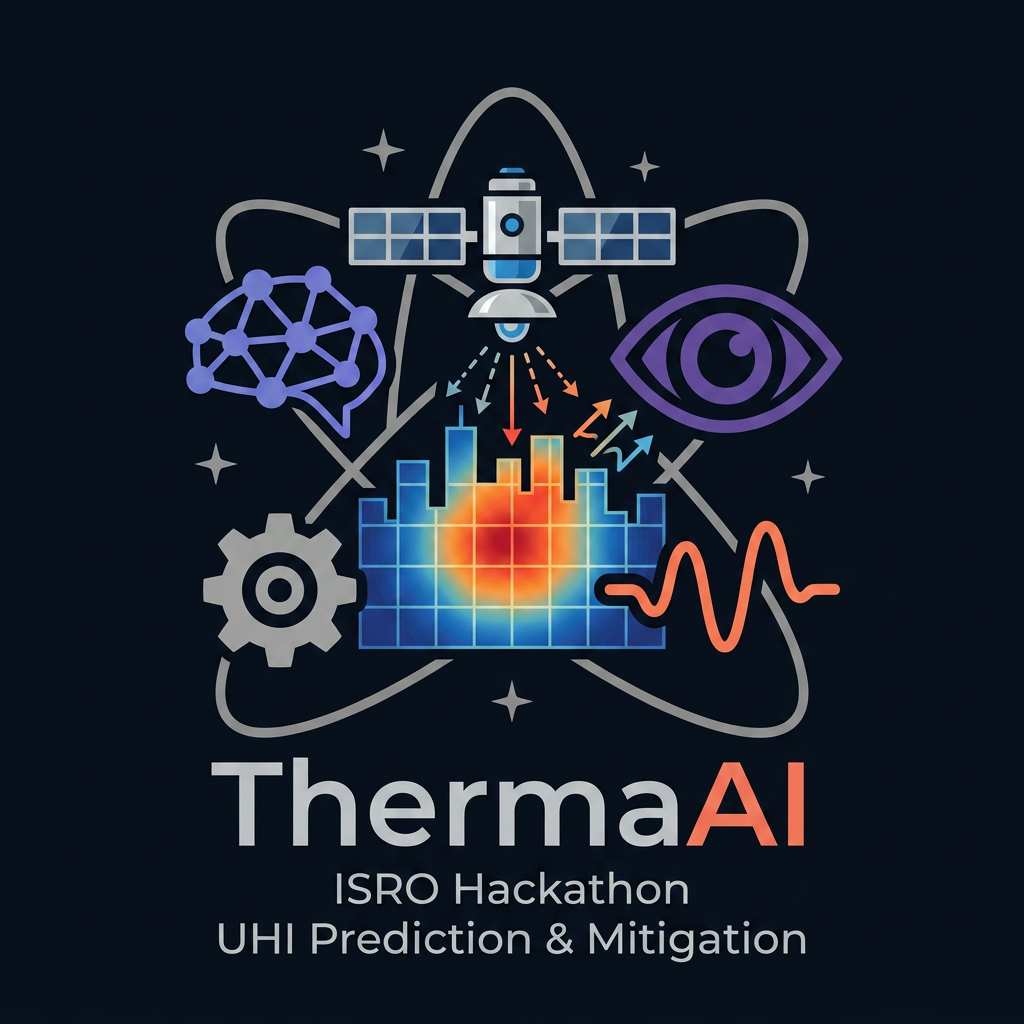 AI Design for i want logo for the isro hackathon where the title is Predicting and Mitigating Urban Heat Islands using Earth Observation Data, it must contain space related designs.
A square grid of small cells (4×4 or 5×5, like ward/pixel tiles), rendered in a gradient from deep blue (cool) through orange to red (hot), evoking the LST heatmap on your dashboard. Overlaid on the grid is a single thin white sine-wave / Kalman-filter-style oscillating line passing through the cells left to right, smoothing out as it crosses — representing the state estimate "correcting" noisy observations. The city skyline silhouette (minimal, 3–4 simple building shapes) sits along the bottom edge, dark navy against the gradient. Wordmark "ThermaAI" in a clean geometric sans-serif (e.g., similar to Inter or Poppins, medium weight) beneath, with "AI" in a contrasting accent color (orange or coral) to tie back to the heat theme.
example: i have attached an image for the team name TRI-Q-AI, it covers all the concepts with respect to title as well as space and the ai field