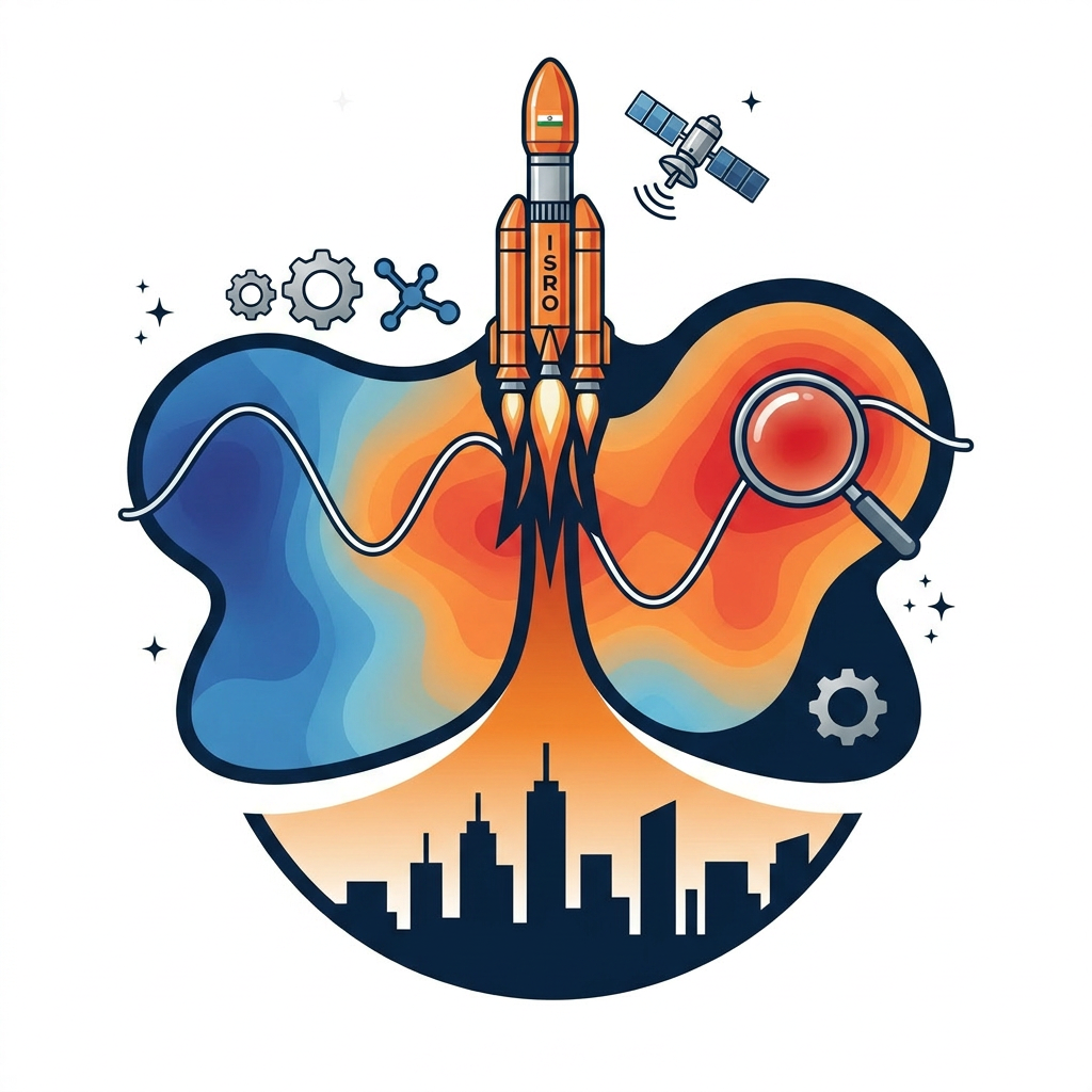 AI Design for i want logo for the isro hackathon where the title is Predicting and Mitigating Urban Heat Islands using Earth Observation Data, it must contain space related designs.
A square grid of small cells (4×4 or 5×5, like ward/pixel tiles), rendered in a gradient from deep blue (cool) through orange to red (hot), evoking the LST heatmap on your dashboard. Overlaid on the grid is a single thin white sine-wave / Kalman-filter-style oscillating line passing through the cells left to right, smoothing out as it crosses — representing the state estimate "correcting" noisy observations. The city skyline silhouette (minimal, 3–4 simple building shapes) sits along the bottom edge, dark navy against the gradient. Wordmark "ThermaAI" in a clean geometric sans-serif (e.g., similar to Inter or Poppins, medium weight) beneath, with "AI" in a contrasting accent color (orange or coral) to tie back to the heat theme.
example: i have attached an image for the team name TRI-Q-AI, it covers all the concepts with respect to title as well as space and the ai field
note: white background
dont keep the title and team name in the logo
no rings at all
there should between the rocket, world heat, change the shape of the heatmap as well