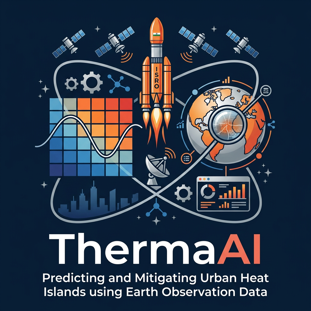AI Design for i want logo for the isro hackathon where the title is Predicting and Mitigating Urban Heat Islands using Earth Observation Data, it must contain space related designs.
A square grid of small cells (4×4 or 5×5, like ward/pixel tiles), rendered in a gradient from deep blue (cool) through orange to red (hot), evoking the LST heatmap on your dashboard. Overlaid on the grid is a single thin white sine-wave / Kalman-filter-style oscillating line passing through the cells left to right, smoothing out as it crosses — representing the state estimate "correcting" noisy observations. The city skyline silhouette (minimal, 3–4 simple building shapes) sits along the bottom edge, dark navy against the gradient. Wordmark "ThermaAI" in a clean geometric sans-serif (e.g., similar to Inter or Poppins, medium weight) beneath, with "AI" in a contrasting accent color (orange or coral) to tie back to the heat theme.
example: i have attached an image for the team name TRI-Q-AI, it covers all the concepts with respect to title as well as space and the ai field