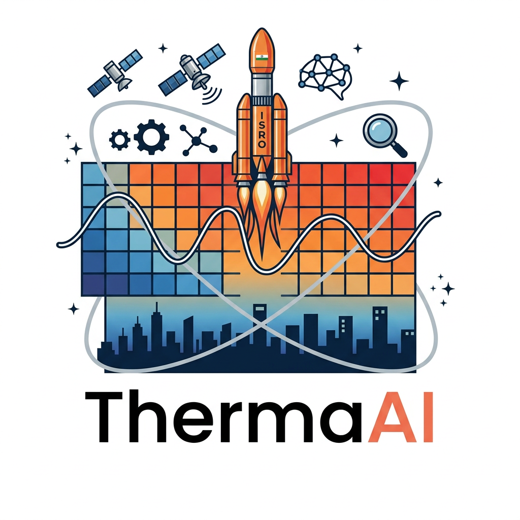 AI Design for i want logo for the isro hackathon where the title is Predicting and Mitigating Urban Heat Islands using Earth Observation Data, it must contain space related designs.
A square grid of small cells (4×4 or 5×5, like ward/pixel tiles), rendered in a gradient from deep blue (cool) through orange to red (hot), evoking the LST heatmap on your dashboard. Overlaid on the grid is a single thin white sine-wave / Kalman-filter-style oscillating line passing through the cells left to right, smoothing out as it crosses — representing the state estimate "correcting" noisy observations. The city skyline silhouette (minimal, 3–4 simple building shapes) sits along the bottom edge, dark navy against the gradient. Wordmark "ThermaAI" in a clean geometric sans-serif (e.g., similar to Inter or Poppins, medium weight) beneath, with "AI" in a contrasting accent color (orange or coral) to tie back to the heat theme.
example: i have attached an image for the team name TRI-Q-AI, it covers all the concepts with respect to title as well as space and the ai field
note: white background
dont keep the title and team name in the logo