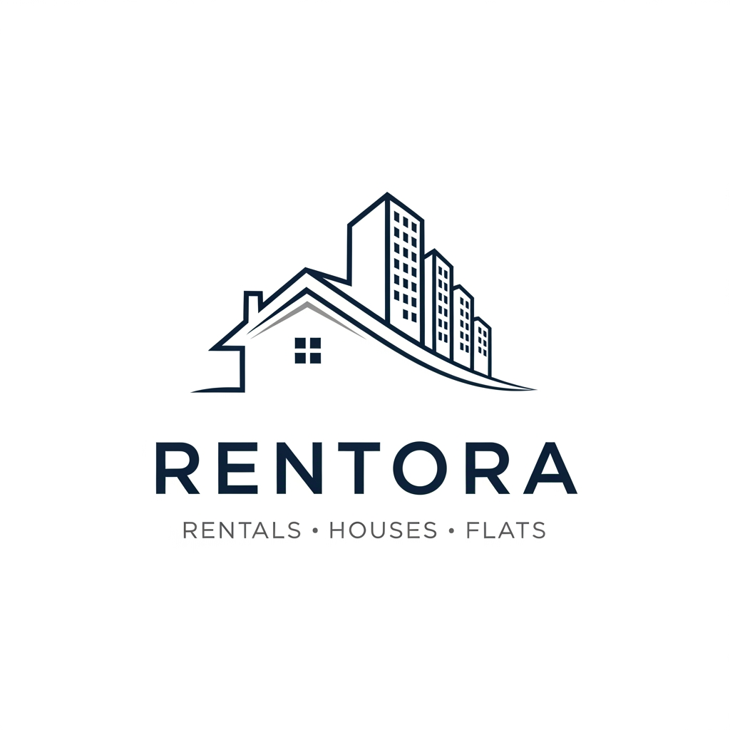 AI Design for A professional real estate logo for a business specializing in house and flat rent. The design features a minimalist, clean icon: a single line forms the silhouette of a modern house roof that is smoothly integrated with the staggered skyline of an apartment building. Below the icon, the word "REALTREE" (or generic business name placeholder) in a strong, clean, dark blue sans-serif font, with the tagline "RENTALS • HOUSES • FLATS" in a lighter gray font underneath. White background, vector style, sharp edges, 8k.and my brand name is rentora