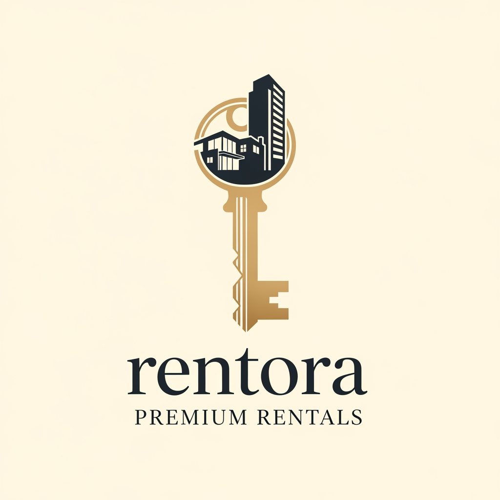 AI Design for A luxury real estate rental logo. The central element is a premium classic key icon. Cleverly integrated into the head of the key is the negative space silhouette of a contemporary house and a tall flat building. The key is positioned vertically. The color palette is champagne gold and charcoal black on a clean cream background. Professional graphic design, elegant serif typography below reading "PREMIUM RENTALS". Smooth finish.my brand name rentora
