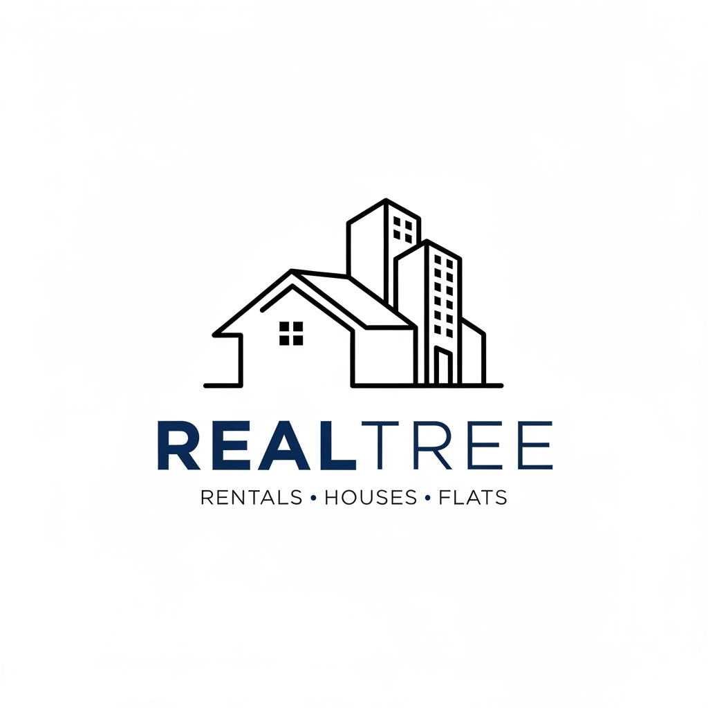 AI Design for A professional real estate logo for a business specializing in house and flat rent. The design features a minimalist, clean icon: a single line forms the silhouette of a modern house roof that is smoothly integrated with the staggered skyline of an apartment building. Below the icon, the word "REALTREE" (or generic business name placeholder) in a strong, clean, dark blue sans-serif font, with the tagline "RENTALS • HOUSES • FLATS" in a lighter gray font underneath. White background, vector style, sharp edges, 8k.