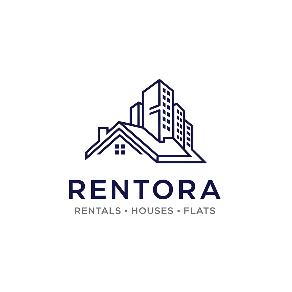 AI Design for A professional real estate logo for a business specializing in house and flat rent. The design features a minimalist, clean icon: a single line forms the silhouette of a modern house roof that is smoothly integrated with the staggered skyline of an apartment building. Below the icon, the word "REALTREE" (or generic business name placeholder) in a strong, clean, dark blue sans-serif font, with the tagline "RENTALS • HOUSES • FLATS" in a lighter gray font underneath. White background, vector style, sharp edges, 8k.and my brand name is rentora