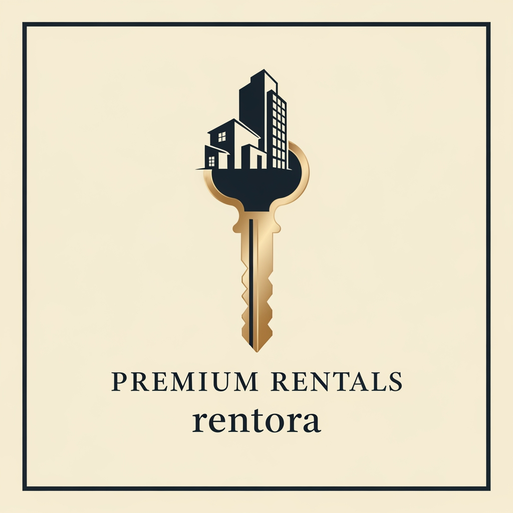 AI Design for A luxury real estate rental logo. The central element is a premium classic key icon. Cleverly integrated into the head of the key is the negative space silhouette of a contemporary house and a tall flat building. The key is positioned vertically. The color palette is champagne gold and charcoal black on a clean cream background. Professional graphic design, elegant serif typography below reading "PREMIUM RENTALS". Smooth finish.my brand name rentora