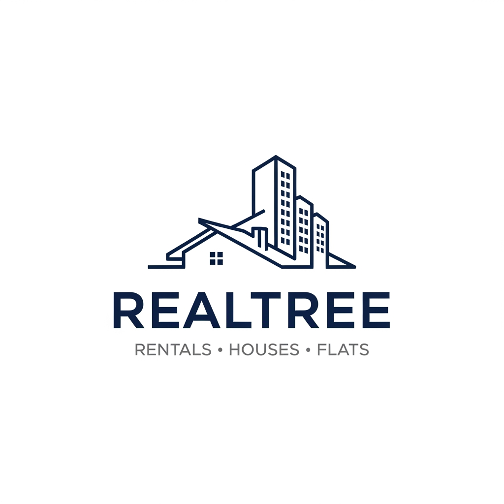 AI Design for A professional real estate logo for a business specializing in house and flat rent. The design features a minimalist, clean icon: a single line forms the silhouette of a modern house roof that is smoothly integrated with the staggered skyline of an apartment building. Below the icon, the word "REALTREE" (or generic business name placeholder) in a strong, clean, dark blue sans-serif font, with the tagline "RENTALS • HOUSES • FLATS" in a lighter gray font underneath. White background, vector style, sharp edges, 8k.
