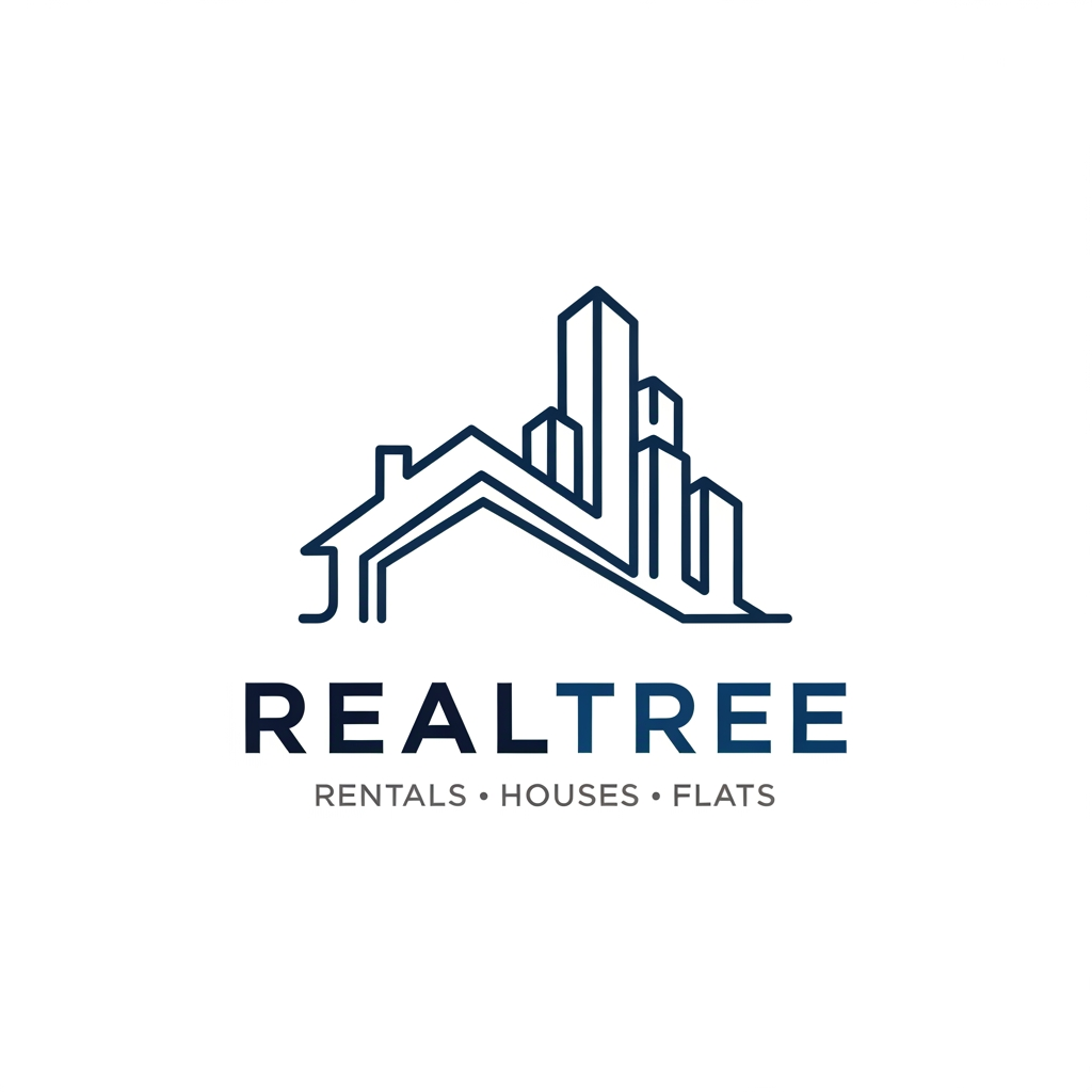 AI Design for A professional real estate logo for a business specializing in house and flat rent. The design features a minimalist, clean icon: a single line forms the silhouette of a modern house roof that is smoothly integrated with the staggered skyline of an apartment building. Below the icon, the word "REALTREE" (or generic business name placeholder) in a strong, clean, dark blue sans-serif font, with the tagline "RENTALS • HOUSES • FLATS" in a lighter gray font underneath. White background, vector style, sharp edges, 8k.