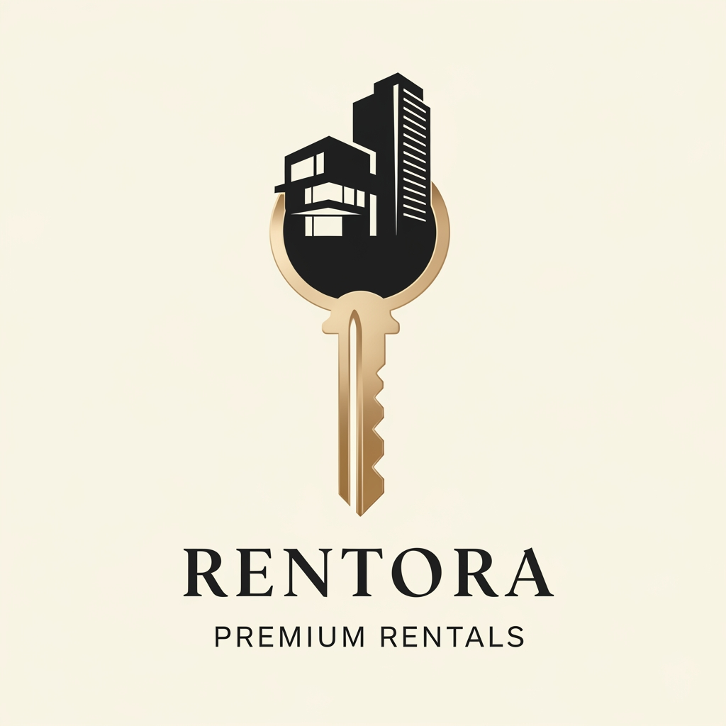 AI Design for A luxury real estate rental logo. The central element is a premium classic key icon. Cleverly integrated into the head of the key is the negative space silhouette of a contemporary house and a tall flat building. The key is positioned vertically. The color palette is champagne gold and charcoal black on a clean cream background. Professional graphic design, elegant serif typography below reading "PREMIUM RENTALS". Smooth finish.my brand name rentora