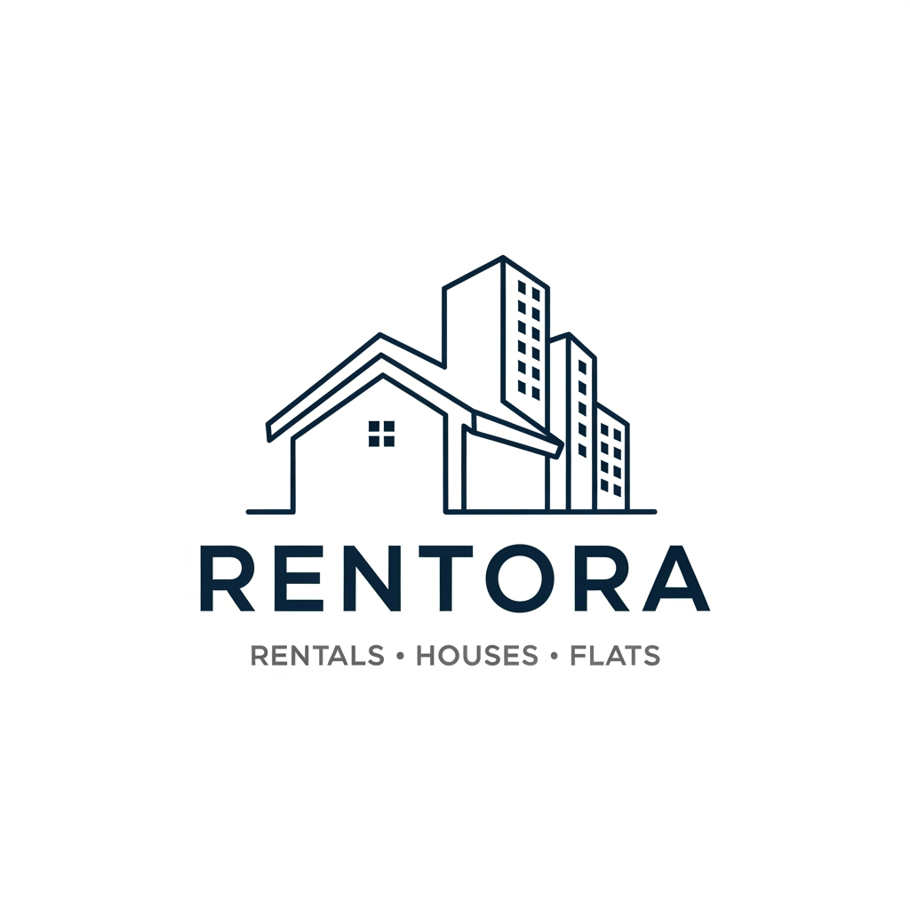 AI Design for A professional real estate logo for a business specializing in house and flat rent. The design features a minimalist, clean icon: a single line forms the silhouette of a modern house roof that is smoothly integrated with the staggered skyline of an apartment building. Below the icon, the word "REALTREE" (or generic business name placeholder) in a strong, clean, dark blue sans-serif font, with the tagline "RENTALS • HOUSES • FLATS" in a lighter gray font underneath. White background, vector style, sharp edges, 8k.and my brand name is rentora
