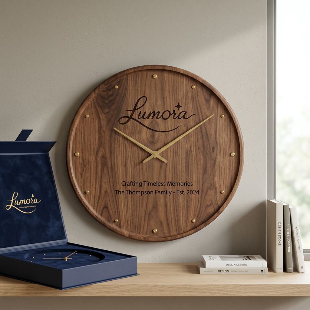 AI Design for use the logo, Create a premium handcrafted personalized wooden wall clock for the luxury gifting brand "Lumora". Natural walnut wood, silent movement, engraved family name, luxury magnetic gift box with velvet insert, Scandinavian home styling, commercial product photography, photorealistic, ultra realistic, 8K.