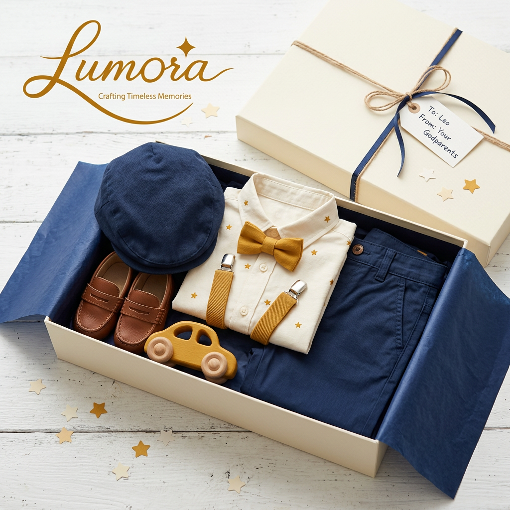 AI Design for use the logo, A neatly folded young boy's outfit gift set displayed in an open gift box,
lined with soft blue or navy tissue paper. A crisp collared shirt paired
with smart shorts or trousers, folded neatly with a small bow tie or
suspenders placed on top. Accompanied by a matching cap, tiny sneakers or
loafers, and a small toy car or plush toy tucked beside the outfit. A
handwritten gift tag tied with twine or ribbon, scattered star or confetti
decorations around the setup. Soft natural lighting, warm color palette of
navy blue, cream, and mustard yellow, flat-lay or 45-degree angle shot,
clean and playful boutique product photography style, high resolution,
professional product photography.