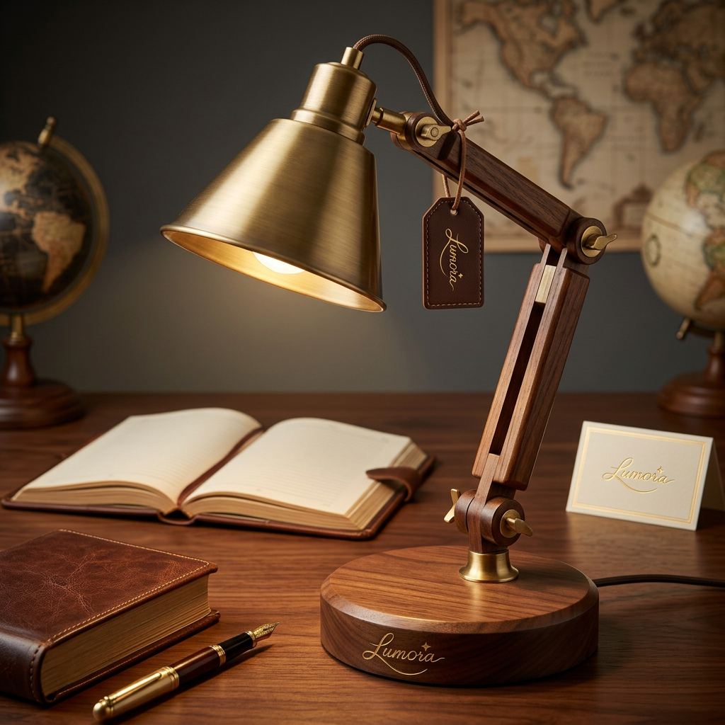 AI Design for render studio product photography for a wooden  table reading lamp ?  use the lumora logo from uploaded box image