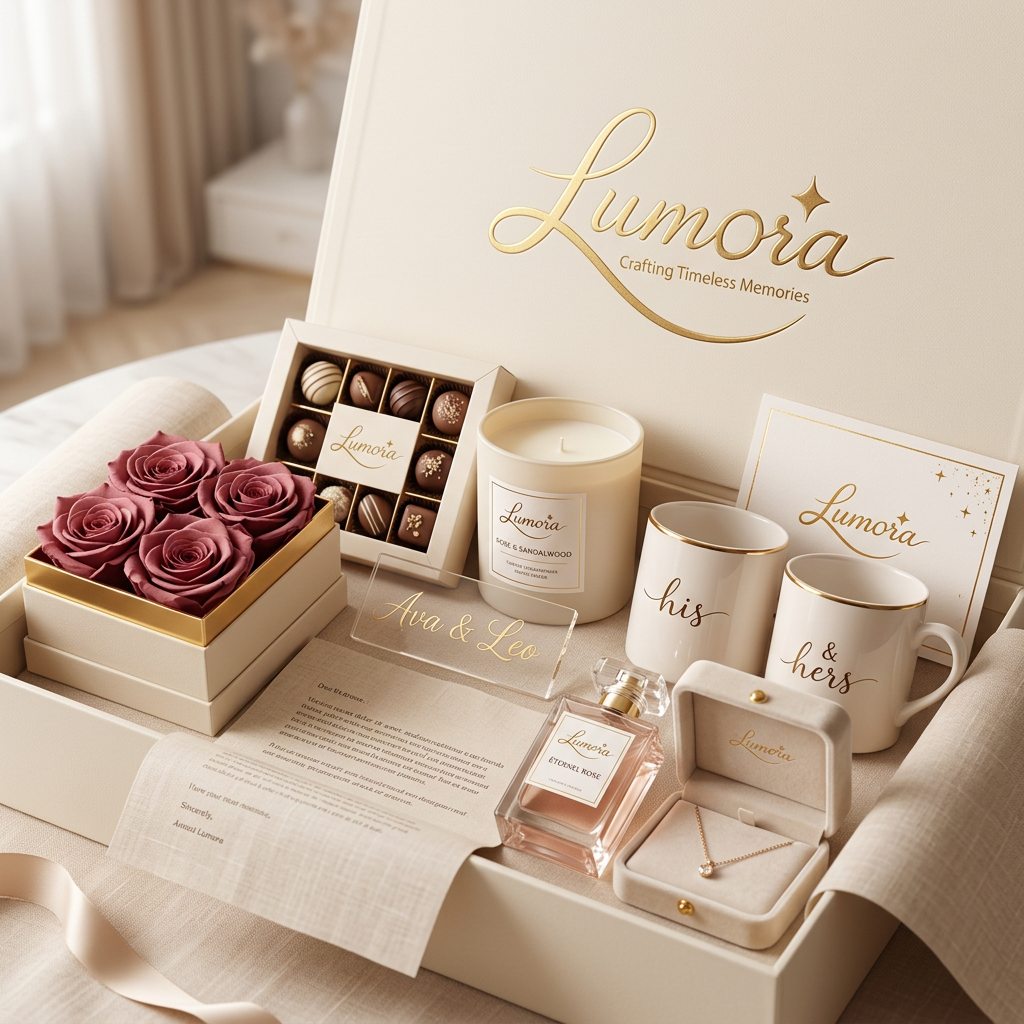 AI Design for Create a luxury romantic gift collection for the brand "Lumora".
Include:
• Rose box
• Preserved roses
• Chocolates
• Scented candle
• Acrylic name plaque
• Personalized letter
• Perfume
• Couple mug
• Jewelry box
• Greeting card
Packaging:
Premium rigid box with gold embossed Lumora logo.
Theme:
Elegant
Luxury
Minimal
Modern
Soft lighting
Cream, blush pink, beige and gold palette.
Photography style:
Luxury catalog photography
Ultra realistic
8K