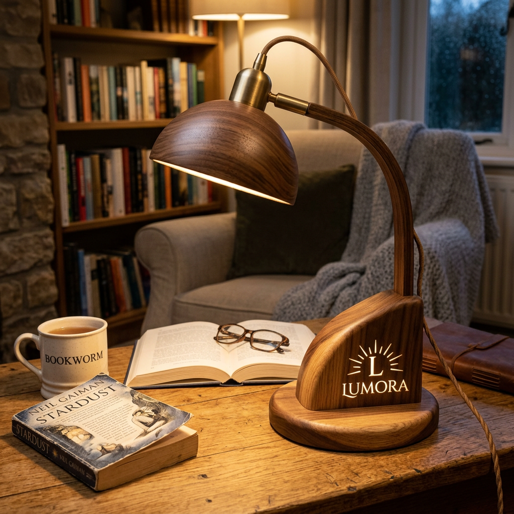 AI Design for could you make a lumora wood  table reading lamp ?  use the lumora logo you previously added as brand