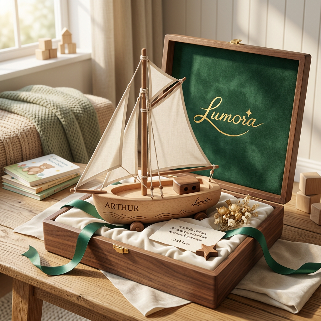 AI Design for Create an ultra-premium handcrafted wooden sailing ship gift for the luxury gifting brand "Lumora."
Concept:
A charming handcrafted wooden sailboat that symbolizes dreams, adventure, hope, and new beginnings. Designed as both a beautiful decorative keepsake and a child-safe wooden toy, making it an unforgettable premium gift.
Design:
• Elegant Nordic-inspired wooden sailing ship
• Crafted from premium beech and walnut wood
• Smooth rounded child-safe edges
• Beautiful visible natural wood grain
• Three ivory linen fabric sails
• Wooden mast with fine cotton rope details
• Small wooden anchor
• Minimal engraved wave patterns on the hull
• Personalized child name engraved on the side
• Tiny engraved Lumora logo beneath the name
• Wooden wheels hidden underneath for gentle rolling
• Soft matte natural finish with no glossy coating
Gift Presentation:
The ship is displayed inside an elegant premium gift box with the lid open.
Inside the box:
• Soft ivory velvet insert
• Emerald green satin ribbon
• Personalized message card
• Small dried flowers
• Wooden star ornament
• Luxury tissue wrapping
• Gold foil Lumora logo on the inside lid
Scene:
Placed on a beautiful oak wooden table in a cozy nursery with warm morning sunlight, soft shadows, children's books, wooden blocks, knitted blanket, and neutral Scandinavian décor.
Mood:
Warm
Peaceful
Luxury
Handcrafted
Timeless
Minimal
Heartwarming
Premium boutique gift
Color Palette:
Natural Oak
Walnut Brown
Ivory White
Sage Green
Emerald Green
Champagne Gold
Photography:
Luxury commercial product photography
45° hero angle
Close-up macro details of the wood grain
Soft natural lighting
Clean premium composition
Apple-style minimal presentation
Quality:
Ultra-realistic
Photorealistic
8K
Award-winning product photography
Luxury retail catalog quality
Exceptional handcrafted detail