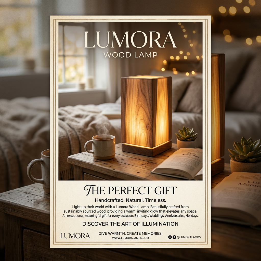 AI Design for could you make a lumora wood lamp gift poster ?
