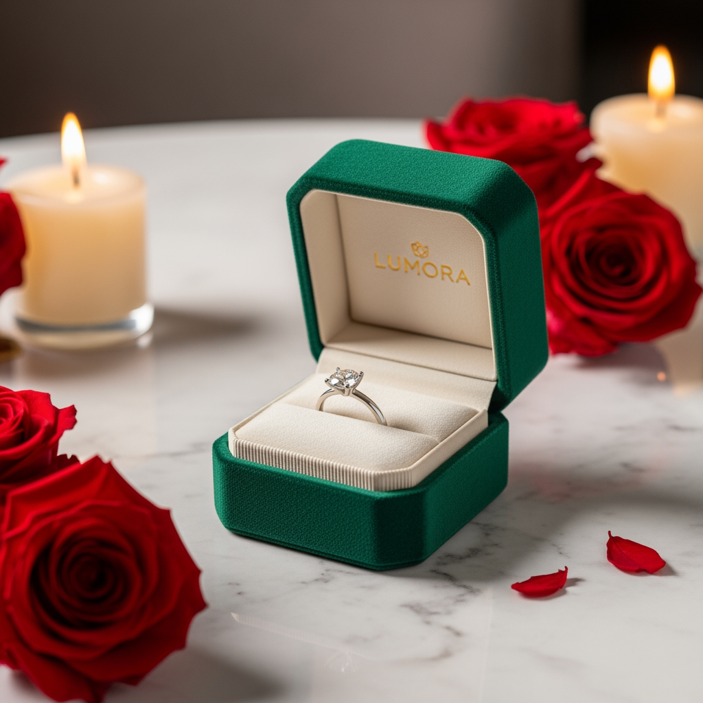 AI Design for use the logo, Create an ultra-premium luxury ring presentation gift box for the luxury gifting brand "Lumora". Elegant emerald green velvet ring box with gold foil Lumora logo, premium engagement ring displayed on soft ivory velvet, preserved roses, warm candlelight, marble table, luxury boutique styling, cinematic commercial product photography, ultra realistic, photorealistic, 8K.