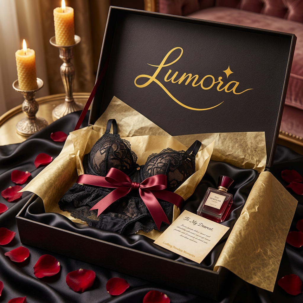 AI Design for use the logo, An elegant lingerie gift set displayed in a luxurious gift box, lined with
black or deep red satin fabric. A delicate lace lingerie set in black, red,
or wine color, neatly folded with tissue paper, tied together with a satin
ribbon bow. Accompanied by a small perfume bottle, a scented rose petal
scatter, and a handwritten love note or small card tucked to the side. Soft
romantic lighting with candles glowing in the background, rich color
palette of deep red, black, and gold accents, silk or velvet fabric
textures visible, 45-degree angle or flat-lay shot, high-end boutique
product photography style, elegant and sophisticated aesthetic, soft focus
background, high resolution.