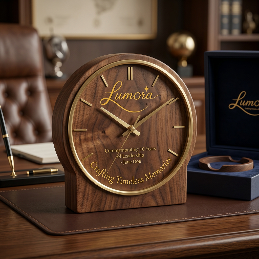 AI Design for use the logo, Create a premium handcrafted wooden desk clock for the luxury gifting brand "Lumora". Solid walnut wood, silent quartz movement, personalized engraving, luxury presentation box, executive office desk styling, soft warm lighting, commercial product photography, photorealistic, ultra realistic, 8K.
