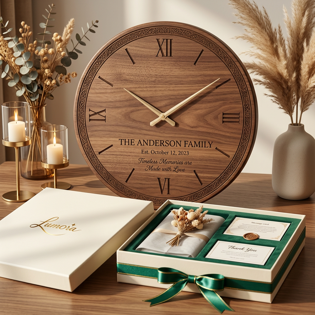 AI Design for Create an ultra-premium personalized wooden wall clock gift for the luxury gifting brand "Lumora."
Product Concept:
A handcrafted wooden wall clock designed as a timeless keepsake for weddings, anniversaries, birthdays, housewarming celebrations, Mother's Day, Father's Day, and corporate gifting.
Clock Design:
• Premium solid walnut wood with natural grain
• Circular modern design (12–16 inches)
• Smooth matte finish
• Precision silent quartz movement
• Elegant engraved Roman or minimalist numerals
• Gold or matte black metal hands
• High-quality laser engraving
• Personalized names, initials, dates, or heartfelt message
• Optional engraved floral mandala or tree of life pattern
Customization:
• Couple names
• Wedding date
• Family name
• Company logo (optional)
• Custom quote:
"Every Moment Matters"
"Made with Love"
"Timeless Memories"
Packaging:
• Premium rigid gift box
• Matte ivory exterior
• Emerald green satin ribbon
• Gold foil embossed Lumora logo
• Velvet foam insert
• Personalized message card
• Luxury tissue paper
• Wax seal
• Dried flowers
• Thank-you card
Brand Identity:
Lumora
Luxury
Minimal
Elegant
Timeless
Emotional
Handcrafted
Premium gifting
Photography Style:
Luxury commercial product photography
45-degree hero angle
Front view and close-up detail shots
Warm natural lighting
Soft shadows
Premium lifestyle setting with wooden table, dried flowers, candles, and modern home décor
Color Palette:
• Natural Walnut Brown
• Oak Wood
• Emerald Green
• Champagne Gold
• Matte Black
• Warm Ivory
Quality:
Ultra-realistic
Photorealistic
8K
Luxury retail catalog quality
Highly detailed wood grain
Professional advertising photography
