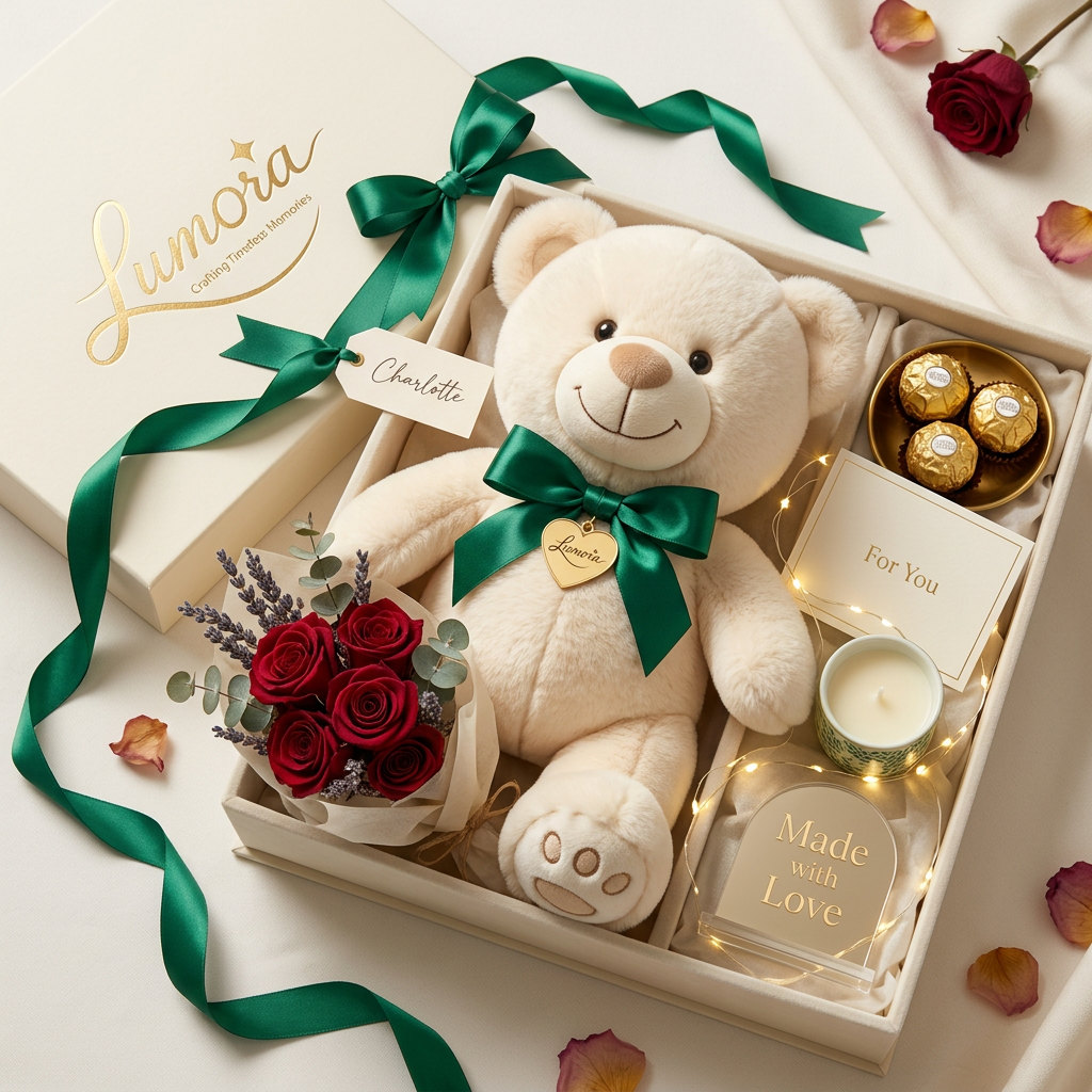 AI Design for Create an ultra-premium personalized teddy bear gift for the luxury gifting brand "Lumora."
Product Concept:
A soft, adorable teddy bear presented as a luxury gift, designed for birthdays, anniversaries, Valentine's Day, baby showers, and special occasions.
Teddy Bear:
• Ultra-soft plush fur
• Cream, ivory, or light beige color
• Cute embroidered smile
• Premium stitched details
• Satin bow around the neck in emerald green
• Small heart-shaped charm engraved with the Lumora logo
• High-quality craftsmanship
Accessories:
• Personalized name tag
• Mini bouquet of preserved roses
• Ferrero Rocher chocolates
• Luxury greeting card
• LED fairy lights
• Small scented candle
• Acrylic message plaque with "Made with Love"
Packaging:
• Premium rigid magnetic gift box
• Matte ivory finish
• Emerald green satin ribbon
• Gold foil embossed Lumora logo
• Velvet interior
• Soft tissue paper
• Dried flower decorations
• Elegant gift wrapping
Brand Style:
Modern luxury
Minimal elegance
Warm and emotional
Instagram-worthy
Premium boutique gifting
Photography:
Luxury commercial product photography
45-degree angle and top view
Soft studio lighting
Natural shadows
Clean white background
Highly detailed textures
Color Palette:
• Ivory
• Emerald Green
• Champagne Gold
• Soft Beige
• Matte White
Quality:
Ultra realistic
Photorealistic
8K
Luxury retail catalog quality
Extremely detailed
Premium craftsmanship