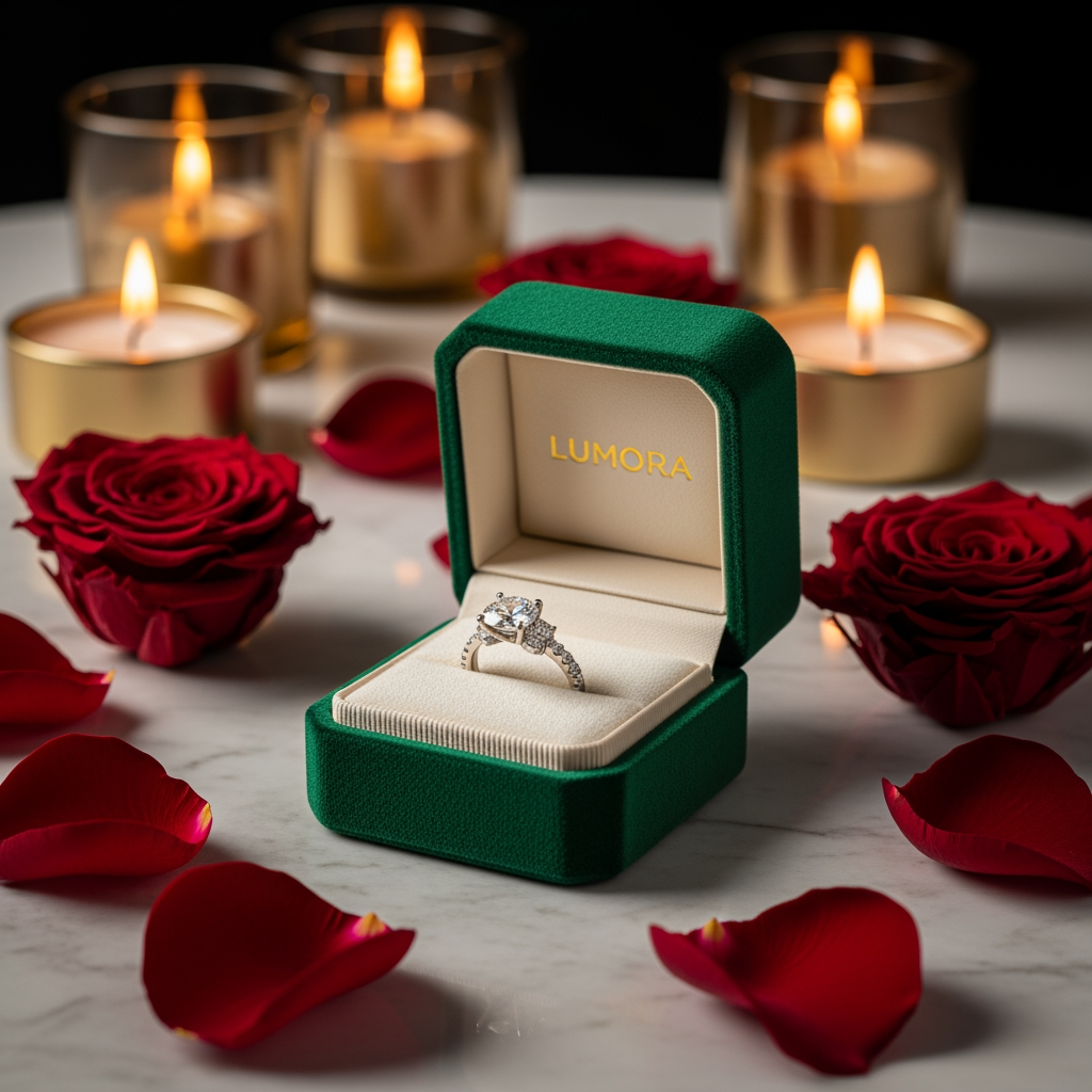 AI Design for use the logo, Create an ultra-premium luxury ring presentation gift box for the luxury gifting brand "Lumora". Elegant emerald green velvet ring box with gold foil Lumora logo, premium engagement ring displayed on soft ivory velvet, preserved roses, warm candlelight, marble table, luxury boutique styling, cinematic commercial product photography, ultra realistic, photorealistic, 8K.