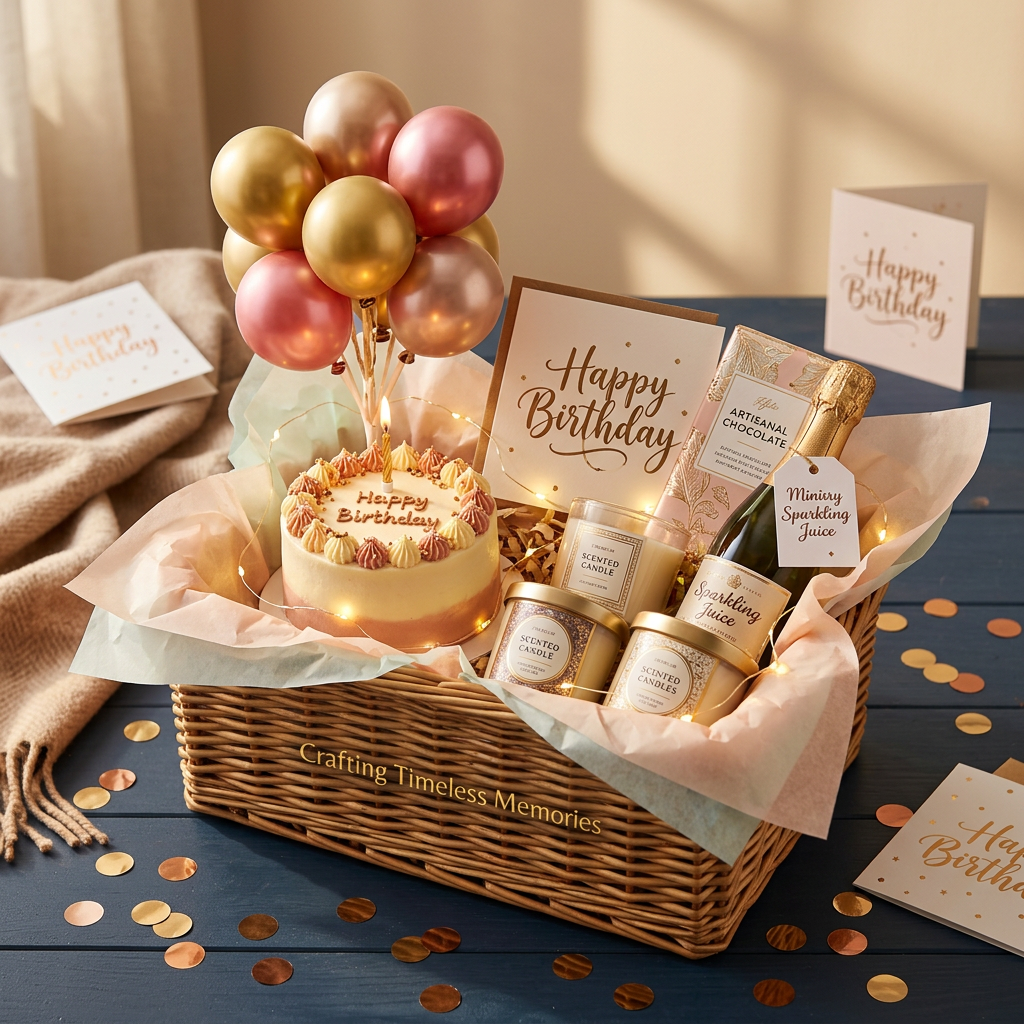 AI Design for A luxurious birthday gift hamper, elegantly arranged in a woven wicker basket
with soft pastel-colored tissue paper spilling over the edges. Inside: a
decorated birthday cake slice box, a bouquet of small balloons in gold and
rose-pink, scented candles, a bar of artisanal chocolate, a mini bottle of
sparkling juice, a handwritten "Happy Birthday" greeting card, and a string
of fairy lights woven through the display. Warm golden confetti scattered
around the base. Soft natural lighting, shallow depth of field, cozy
lifestyle product photography style, warm color palette of blush pink,
gold, and cream. High resolution, commercial photography quality,
Instagram-worthy composition, top-down or 45-degree angle shot.