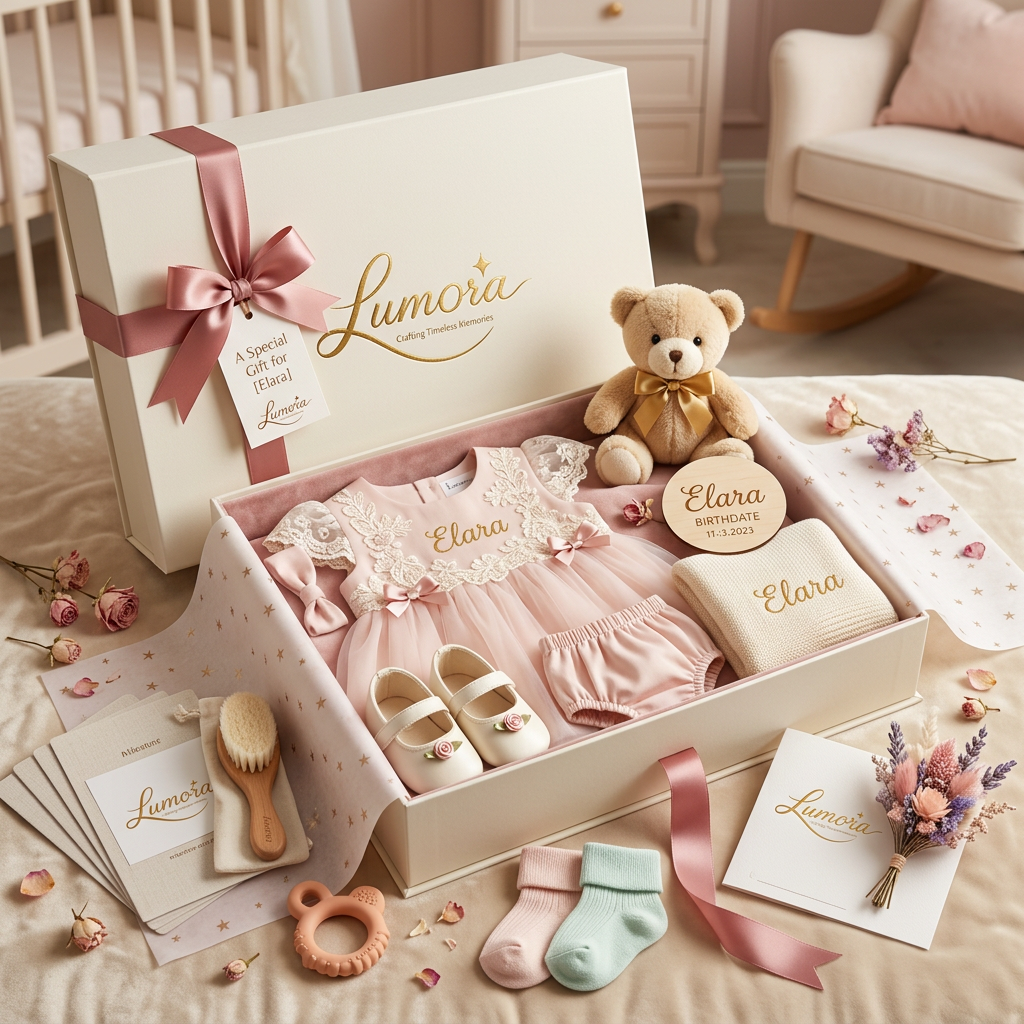 AI Design for Create an ultra-premium personalized baby girl dress gift box for the luxury gifting brand "Lumora."
Product Concept:
A beautifully curated luxury gift box for newborn and baby girls, perfect for baby showers, naming ceremonies, first birthdays, newborn welcomes, and special celebrations.
Main Gift:
• Premium baby girl dress made from soft organic cotton
• Elegant lace and floral embroidery
• Soft tulle skirt
• Gentle pastel colors (blush pink, ivory, lavender, peach, mint)
• Satin bow details
• Comfortable, baby-safe fabric
• Personalized baby name embroidered on the dress
• Matching bloomers and headband
Gift Box Includes:
• Baby dress
• Matching headband
• Soft baby shoes
• Personalized baby blanket
• Plush teddy bear
• Wooden name plaque
• Milestone cards
• Baby socks
• Silicone teether
• Baby hairbrush set
• Premium greeting card
• Small bouquet of preserved flowers
Packaging:
• Luxury rigid magnetic gift box
• Matte ivory finish
• Blush pink satin ribbon
• Gold foil embossed Lumora logo
• Velvet interior
• Premium tissue paper
• Dried flowers
• Personalized message card
• Elegant gift wrapping
Brand Identity:
Lumora
Luxury
Elegant
Minimal
Timeless
Emotional
Premium personalized gifting
Photography Style:
Luxury commercial product photography
45-degree hero angle
Flat lay and close-up detail shots
Soft natural lighting
Warm pastel nursery background
Beautiful styling with flowers, ribbons, and premium props
Color Palette:
• Blush Pink
• Ivory White
• Soft Lavender
• Champagne Gold
• Warm Beige
• Mint Green
Quality:
Ultra-realistic
Photorealistic
8K
Luxury retail catalog quality
Highly detailed fabric textures
Professional advertising photography