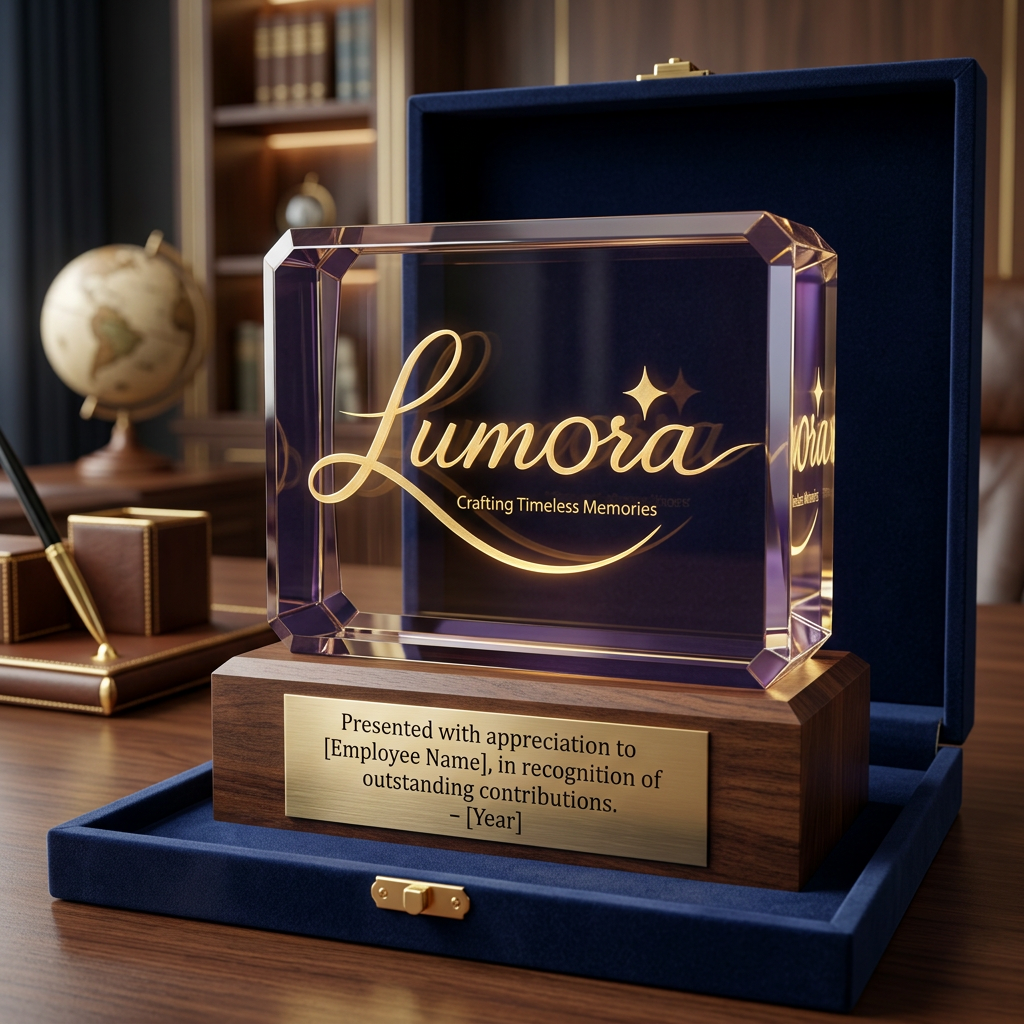 AI Design for use the logo, Create a luxury corporate appreciation award for "Lumora". Crystal acrylic award with wooden base, personalized company logo, employee name, elegant gold details, premium presentation box, luxury office background, commercial photography, ultra realistic, 8K.