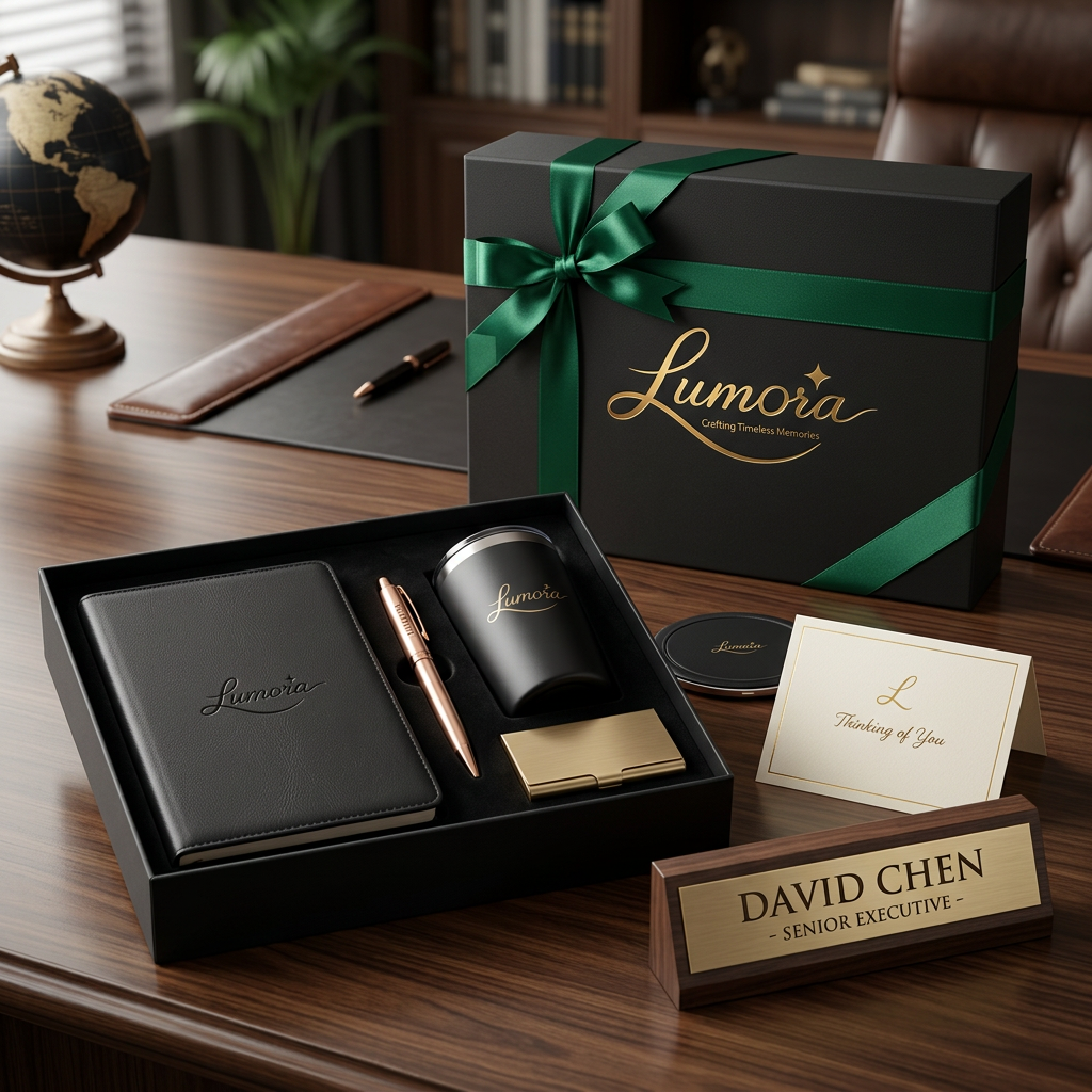 AI Design for use the logo, Create an ultra-premium executive gift box for the luxury gifting brand "Lumora". Include a premium leather notebook, luxury metal pen, insulated coffee tumbler, wireless charger, business card holder, personalized name plate, elegant greeting card, rigid magnetic black gift box with emerald green ribbon, gold foil Lumora logo, luxury office desk styling, commercial product photography, ultra realistic, photorealistic, 8K.