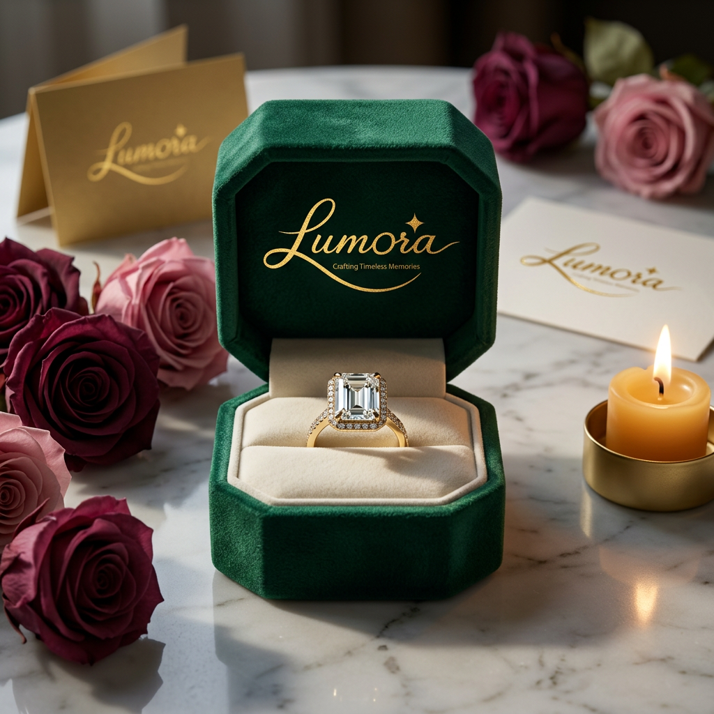AI Design for use the logo, Create an ultra-premium luxury ring presentation gift box for the luxury gifting brand "Lumora". Elegant emerald green velvet ring box with gold foil Lumora logo, premium engagement ring displayed on soft ivory velvet, preserved roses, warm candlelight, marble table, luxury boutique styling, cinematic commercial product photography, ultra realistic, photorealistic, 8K.