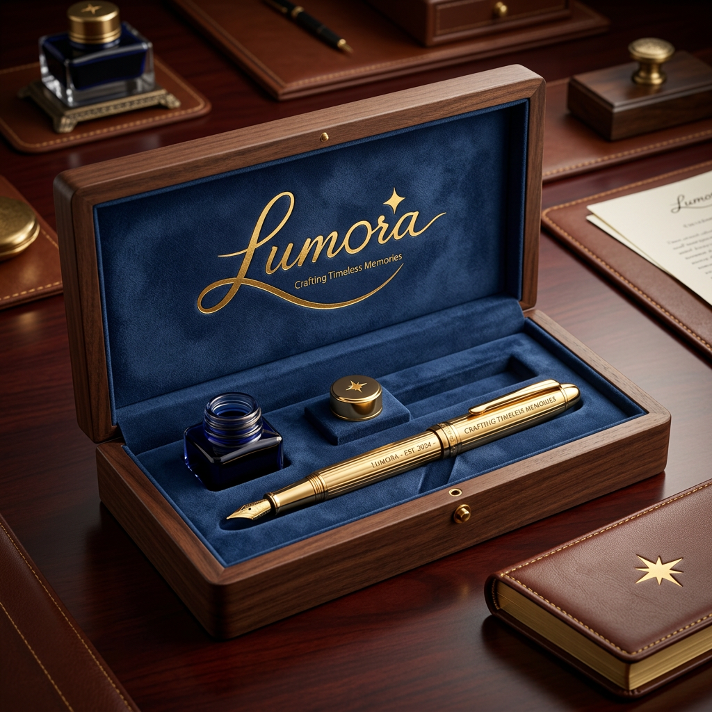 AI Design for use the logo, Create a premium luxury pen gift set for "Lumora". Elegant metal fountain pen with personalized engraving, premium wooden pen case, velvet interior, gold foil Lumora logo, executive office styling, soft studio lighting, luxury commercial product photography, ultra realistic, 8K.