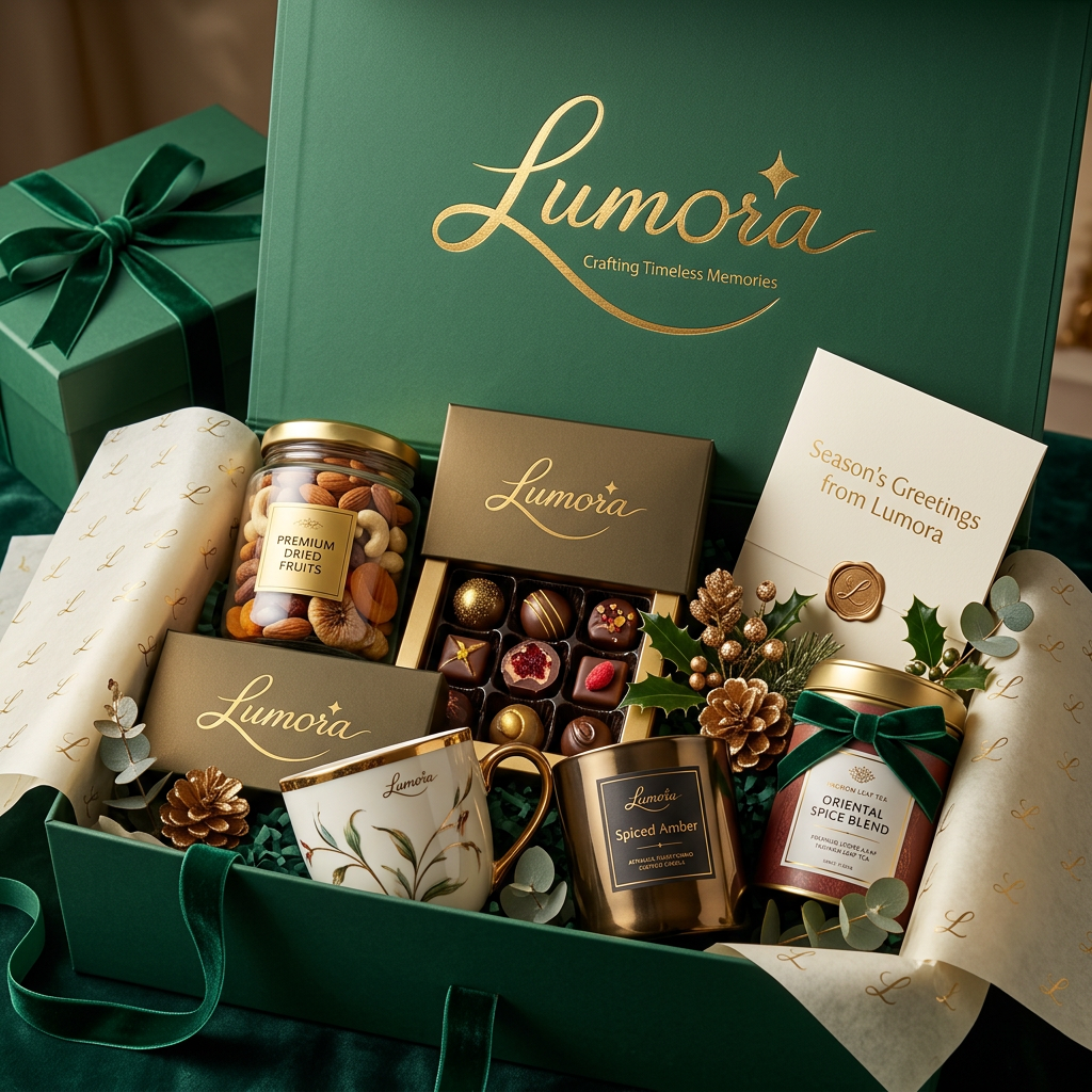 AI Design for Create a premium festive gift hamper for Lumora.
Include:
• Dry fruits
• Handmade chocolates
• Scented candle
• Ceramic mug
• Premium tea
• Decorative flowers
• Greeting card
• Ribbon
• Luxury gift wrapping
Brand:
Lumora
Logo:
Gold foil embossed
Packaging:
Emerald green box
Matte finish
Velvet interior
Luxury tissue paper
Style:
Modern premium gifting
Minimal luxury
Ultra realistic
8K
Commercial product photography.