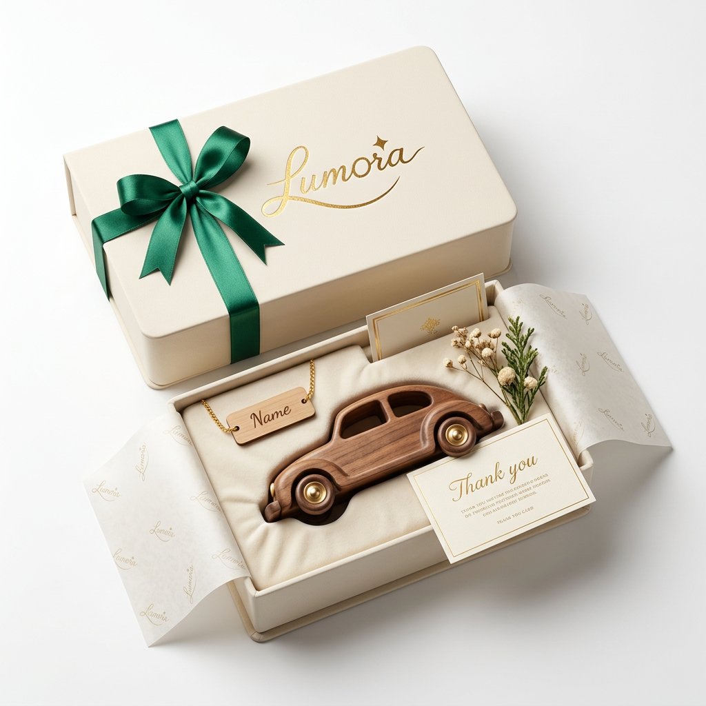 AI Design for Create an elegant premium gift box for the luxury gifting brand "Lumora", designed to present a handcrafted wooden toy car.
Box Design:
• Premium rigid magnetic gift box
• Matte ivory finish with a soft-touch texture
• Gold foil embossed Lumora logo centered on the lid
• Emerald green satin ribbon tied around the box
• Rounded corners with a refined luxury finish
• Minimal Scandinavian-inspired design
Inside the Box:
• Custom-cut ivory velvet insert to securely hold the wooden toy car
• Soft tissue paper with subtle Lumora branding
• Personalized wooden name tag
• Luxury greeting card with gold foil details
• Small dried flowers for an elegant touch
• Thank-you card printed on premium textured paper
Presentation:
The gift box is open, revealing the beautifully handcrafted wooden toy car nestled inside the velvet insert. The presentation should feel exclusive, warm, and luxurious, highlighting the toy as a treasured keepsake.
Brand Identity:
Lumora
Luxury
Minimal
Timeless
Handcrafted
Elegant
Premium gifting
Photography Style:
Luxury commercial product photography
45-degree hero angle
Top-down flat lay
Soft natural lighting
Clean white background
Subtle shadows
Premium boutique styling
Color Palette:
• Matte Ivory
• Emerald Green
• Champagne Gold
• Natural Wood
• Warm Beige
Quality:
Ultra-realistic
Photorealistic
8K
Luxury retail catalog quality
Highly detailed materials and textures
Professional advertising photography