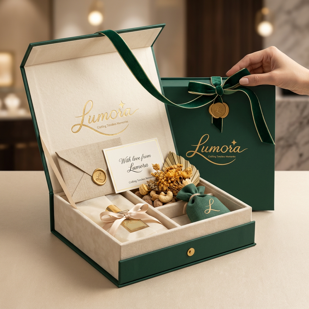AI Design for Design an elegant premium gift box for the brand "Lumora".
Brand personality:
• Luxury
• Minimal
• Timeless
• Emotional
• Premium gifting
• Modern Kerala aesthetic
Color Palette:
• Warm Ivory
• Deep Emerald Green
• Matte Black
• Soft Gold Foil
• Champagne Beige
The gift box should include:
• Premium rigid magnetic box
• Gold foil Lumora logo on the lid
• Velvet ribbon
• Magnetic closure
• Soft suede inner lining
• Custom message card
• Dried flowers
• Premium wrapping tissue
• Satin ribbon
• Luxury envelope
• Wax seal
• Small fragrance sachet
Style:
Minimal luxury similar to Apple packaging mixed with high-end boutique gift brands.
Lighting:
Soft studio lighting
Luxury product photography
Ultra realistic
8K
Commercial quality
Camera:
45-degree perspective
Clean white background
Professional product shot
The final design should look premium enough to sell in a luxury gifting store.