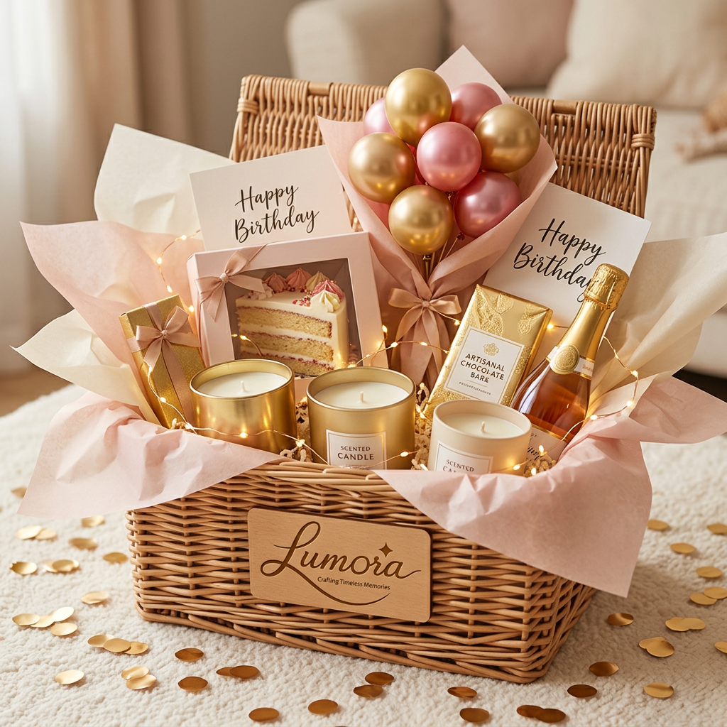 AI Design for use the logo A luxurious birthday gift hamper, elegantly arranged in a woven wicker basket
with soft pastel-colored tissue paper spilling over the edges. Inside: a
decorated birthday cake slice box, a bouquet of small balloons in gold and
rose-pink, scented candles, a bar of artisanal chocolate, a mini bottle of
sparkling juice, a handwritten "Happy Birthday" greeting card, and a string
of fairy lights woven through the display. Warm golden confetti scattered
around the base. Soft natural lighting, shallow depth of field, cozy
lifestyle product photography style, warm color palette of blush pink,
gold, and cream. High resolution, commercial photography quality,
Instagram-worthy composition, top-down or 45-degree angle shot.