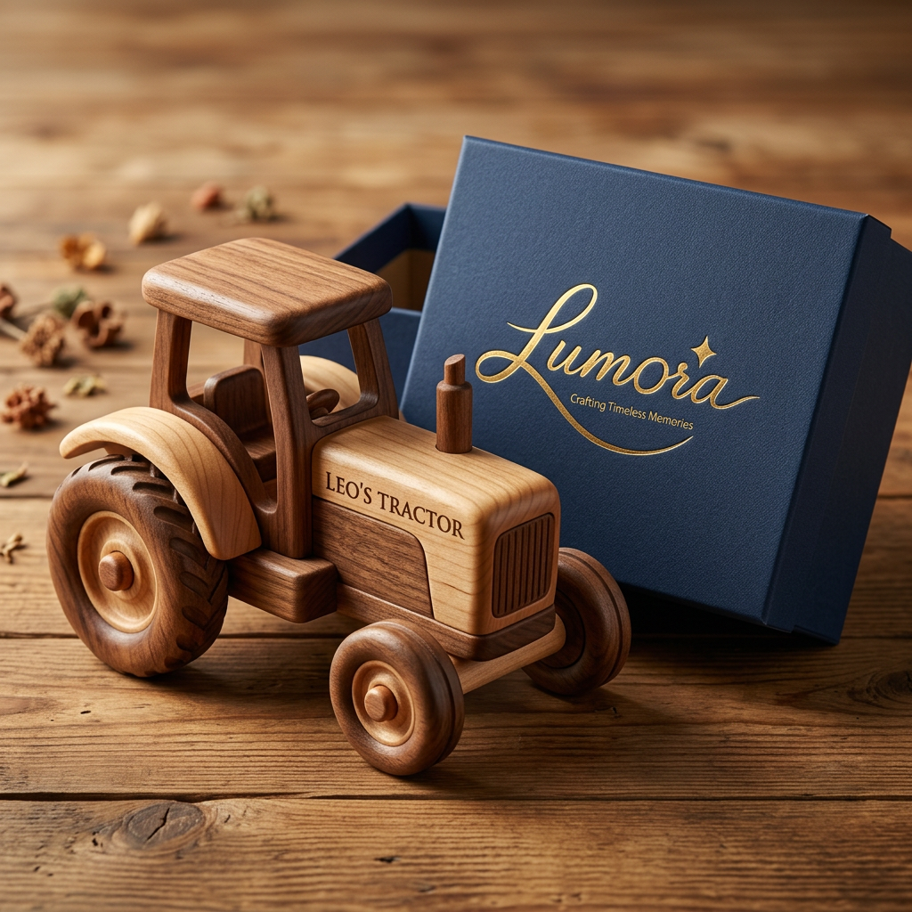 AI Design for use the logo, Create a handcrafted wooden farm tractor toy for the premium gifting brand "Lumora". Natural wood texture, rotating wheels, minimalist design, engraved child name, eco-friendly materials, luxury magnetic gift box, gold embossed Lumora logo, warm wooden background, professional advertising photography, ultra realistic, 8K.