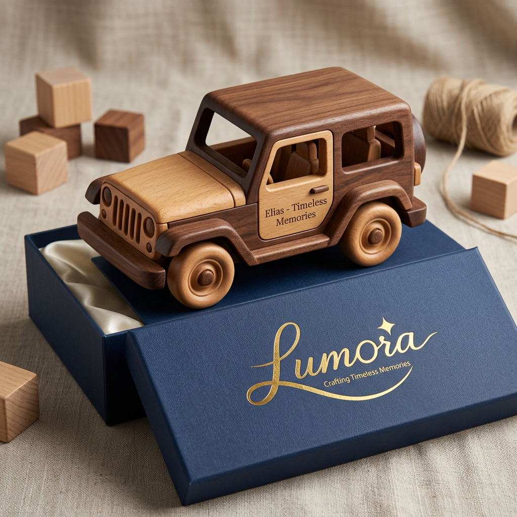 AI Design for use the logo, Create a premium handcrafted wooden jeep toy for "Lumora". Natural walnut and beech wood, smooth matte finish, child-safe rounded design, luxury personalized engraving, elegant gift box, gold foil branding, Scandinavian styling, commercial product photography, soft lighting, ultra realistic, luxury catalog quality, 8K.