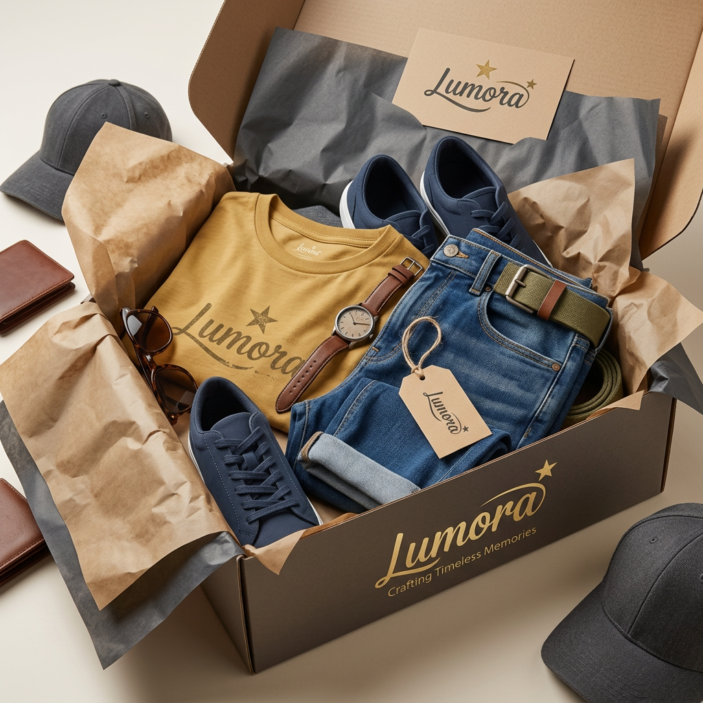 AI Design for use the logo, A stylish men's casual outfit gift set, neatly folded and displayed in an
open gift box lined with kraft-brown or charcoal tissue paper. A soft
cotton t-shirt in a solid color or subtle graphic print, paired with
neatly folded denim jeans, rolled with a canvas belt placed alongside.
Accompanied by a pair of casual sneakers, a wristwatch, and sunglasses
tucked beside the outfit. A minimalist gift tag tied with twine, subtle
rustic props like a leather wallet or cap for added detail. Soft natural
lighting, warm color palette of denim blue, grey, and mustard or olive
accents, flat-lay or 45-degree angle shot, clean modern boutique product
photography style, high resolution, professional product photography.