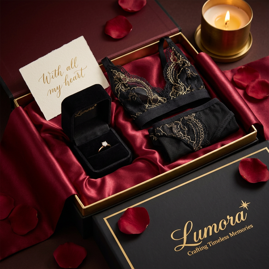 AI Design for use the logo, An elegant romantic gift set featuring a delicate ring displayed in a small
velvet ring box, placed beside a folded lace lingerie set in deep red or
black, both nestled inside a larger luxury gift box lined with satin fabric.
Rose petals scattered around the arrangement, a lit candle softly glowing
in the background, a small handwritten love note tucked to the side. Rich
color palette of deep red, black, and gold accents, warm intimate lighting,
silk and velvet textures visible, soft bokeh background, 45-degree angle or
flat-lay shot, high-end boutique product photography style, romantic and
luxurious aesthetic, high resolution.