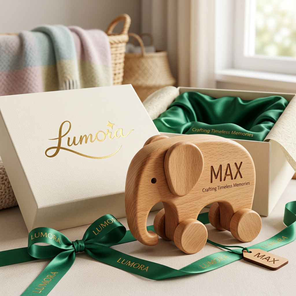 AI Design for use the logo, Create a premium handcrafted wooden elephant toy for the luxury gifting brand "Lumora". Made from natural beech wood with smooth rounded child-safe edges, hand-polished matte finish, rotating wooden wheels, minimalist Scandinavian design, personalized child name engraving, premium magnetic ivory gift box with emerald green satin ribbon, gold foil Lumora logo, luxury tissue paper, warm natural lighting, nursery styling, commercial product photography, ultra realistic, photorealistic, 8K, highly detailed wood grain.