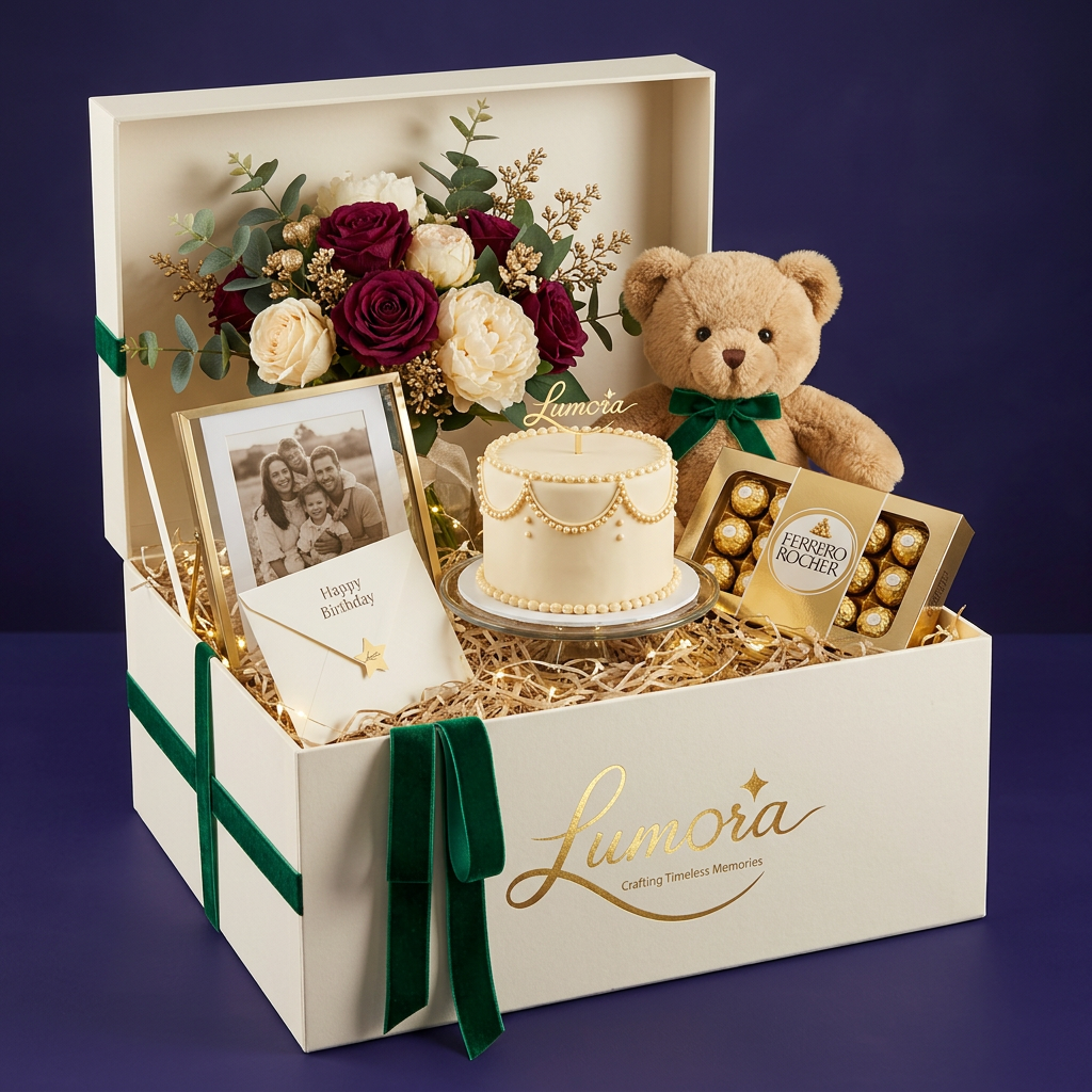 AI Design for Design a premium birthday gift hamper for Lumora.
Include:
• Teddy bear
• Cake
• Ferrero Rocher chocolates
• Fresh flowers
• Personalized photo frame
• Birthday card
• Fairy lights
• Gift box
• Ribbon
• Luxury wrapping
Brand identity:
Elegant
Modern
Minimal
Packaging:
Ivory box with emerald green ribbon.
Gold foil Lumora logo.
Professional studio product photography.
Ultra realistic.
Luxury branding.