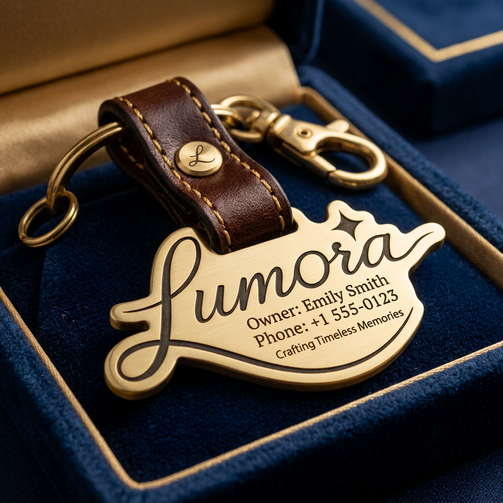 AI Design for use the logo, Create an ultra-premium personalized pet name tag for "Lumora". Elegant engraved brass and leather pet tag with custom pet name and contact details, luxury presentation box, boutique styling, macro product photography, ultra realistic, 8K.