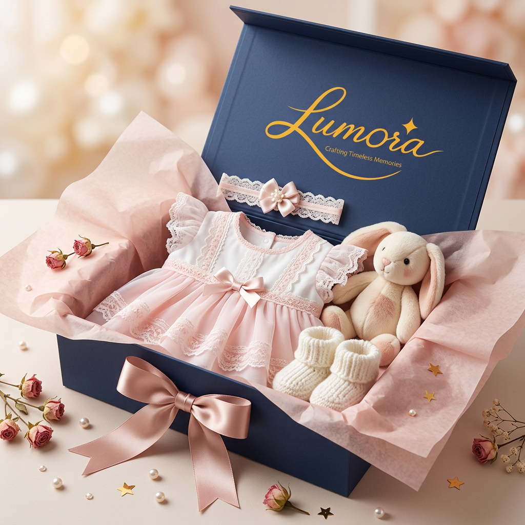 AI Design for use the logo, A beautifully wrapped baby girl dress gift set, displayed in an open gift box
lined with soft blush-pink tissue paper. A delicate frilly dress in pastel
pink and white, adorned with tiny lace trim and a satin bow, neatly folded
inside. Accompanied by a matching headband with a small flower, tiny white
booties, and a soft plush bunny toy tucked beside the dress. A satin ribbon
bow on the box exterior, scattered dried flowers or pearl beads around the
setup for decoration. Soft, dreamy lighting with a warm cream and blush
color palette, gentle bokeh background, flat-lay or 45-degree angle shot,
high-end baby boutique product photography style, soft focus, delicate and
elegant aesthetic, high resolution.