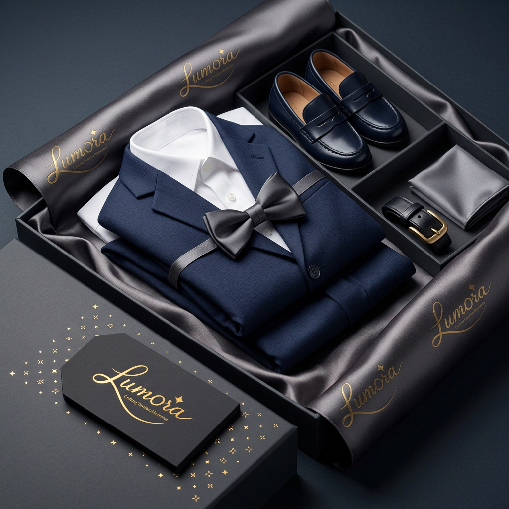 AI Design for use the logo, A premium young boy's formal outfit gift set, elegantly displayed in a
sleek matte black or charcoal gift box lined with grey satin fabric. A
crisp white collared shirt paired with a tailored navy blazer and matching
trousers, neatly folded with a slim tie or bow tie placed on top, secured
with a subtle grey ribbon. Accompanied by polished formal shoes, a tiny
leather belt, and a folded pocket square. A minimalist kraft or black gift
tag with gold foil text, subtle gold accents scattered around the setup
for a refined touch. Soft studio lighting with a sophisticated color
palette of navy, charcoal, white, and gold, clean flat-lay or 45-degree
angle shot, high-end boutique product photography style, sharp focus,
premium editorial aesthetic, high resolution.