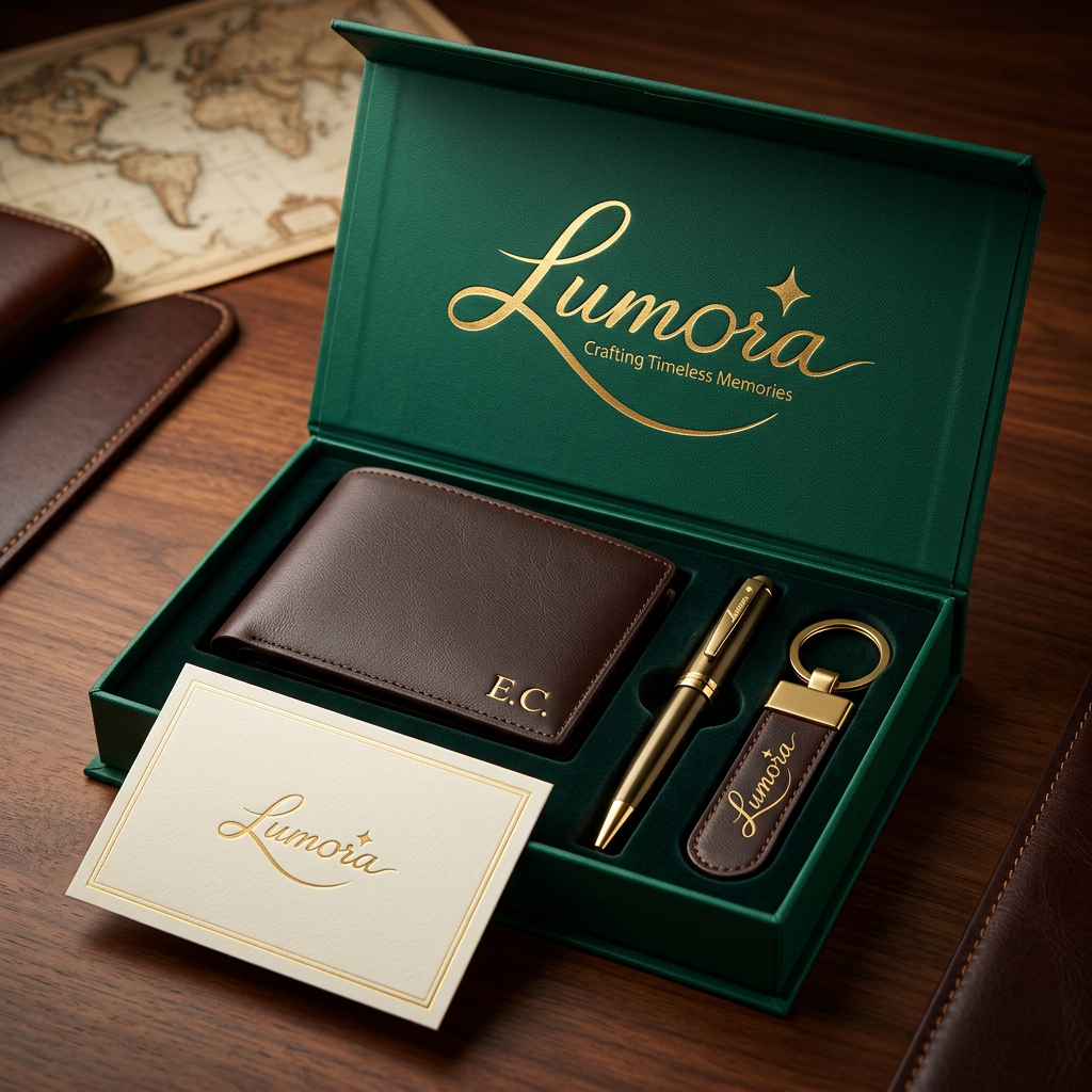 AI Design for use the logo, Create a premium leather wallet gift set for the luxury gifting brand "Lumora". Genuine leather wallet with personalized initials, luxury metal pen, keychain, greeting card, emerald green magnetic gift box with gold foil logo, executive styling, commercial product photography, ultra realistic, 8K.