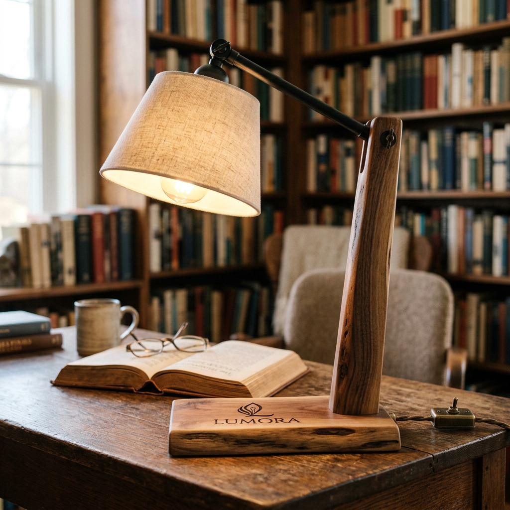 AI Design for could you make a lumora wood  table reading lamp ?  use the lumora logo you previously added as brand