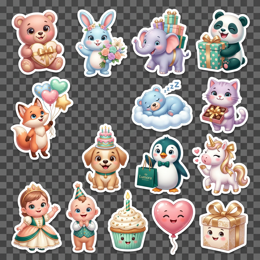AI Design for Create a premium collection of adorable 3D animated sticker characters for the luxury gifting brand "Lumora."
Theme:
Cute, lovable, expressive, family-friendly, premium gift stickers.
Sticker Style:
• Pixar-inspired 3D character design
• Soft rounded shapes
• Big expressive eyes
• Cute smile
• Chubby proportions
• Smooth glossy finish
• Vibrant colors
• Premium quality
• Transparent background
• Thick white sticker outline
• Die-cut sticker style
• High-resolution
• Commercial-quality artwork
Sticker Pack Includes:
• Teddy Bear holding a heart gift
• Cute Bunny with flowers
• Baby Elephant carrying a gift box
• Panda hugging a present
• Little Fox with balloons
• Sleeping Bear
• Happy Cat holding chocolates
• Puppy with birthday cake
• Penguin with a gift bag
• Unicorn with a ribbon
• Baby Girl in a princess dress
• Baby Boy in a party outfit
• Birthday cupcake character
• Heart balloon character
• Gift box with a smiling face
Expressions:
• Happy
• Excited
• Laughing
• Blowing a kiss
• Waving
• Celebrating
• Thank You
• Love You
• Congratulations
• Best Wishes
Color Palette:
• Blush Pink
• Sky Blue
• Lavender
• Mint Green
• Peach
• Cream
• Emerald Green accents
• Champagne Gold details
Lighting:
Soft studio lighting
Beautiful reflections
Glossy premium finish
Quality:
Ultra-realistic 3D
Pixar-quality
8K resolution
Transparent PNG
Separate stickers
Highly detailed
Luxury brand aesthetic
Perfect for WhatsApp stickers, Telegram stickers, gift tags, packaging, greeting cards, and social media.