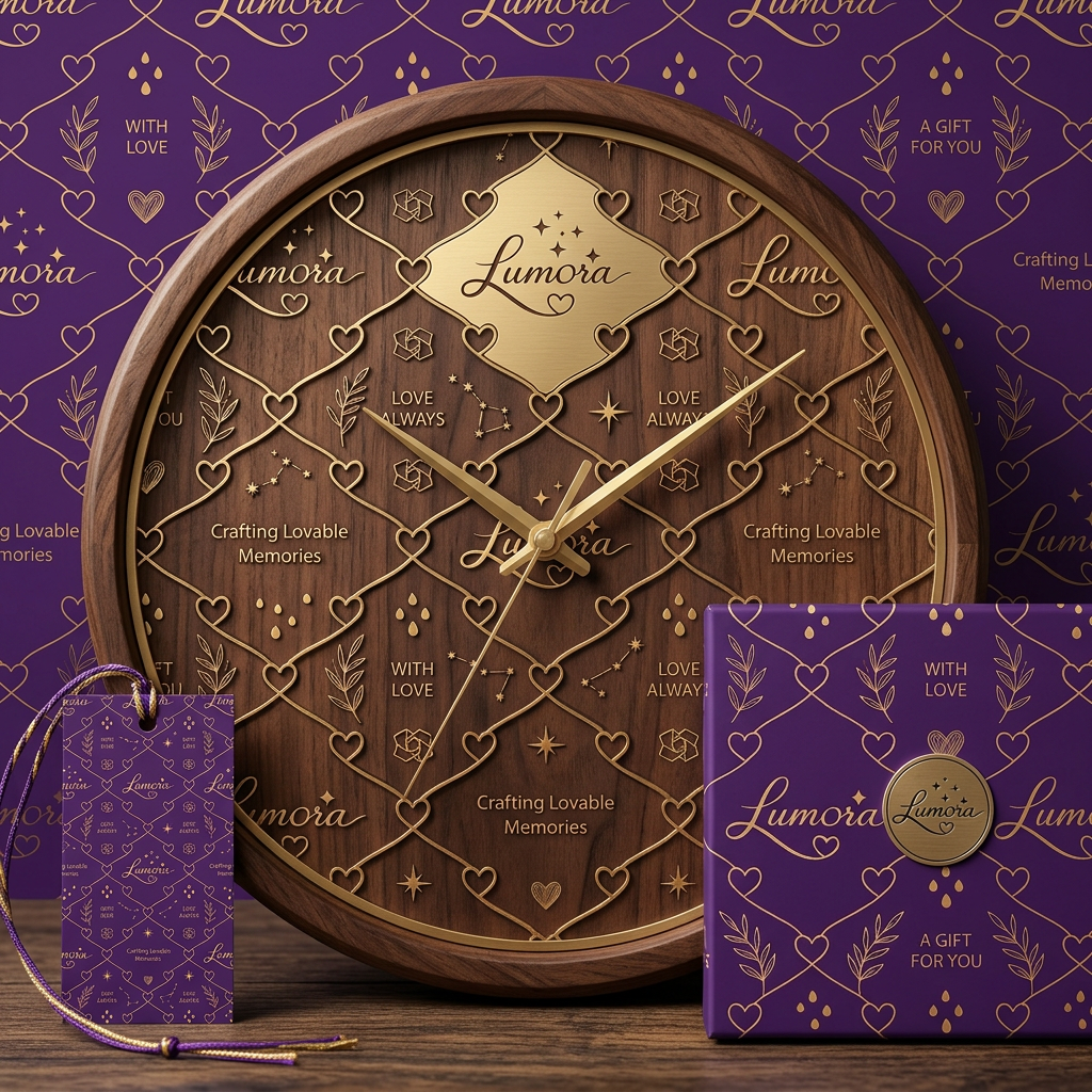 AI Design for show me the marketing set with this pattern and logo for a wooden clock